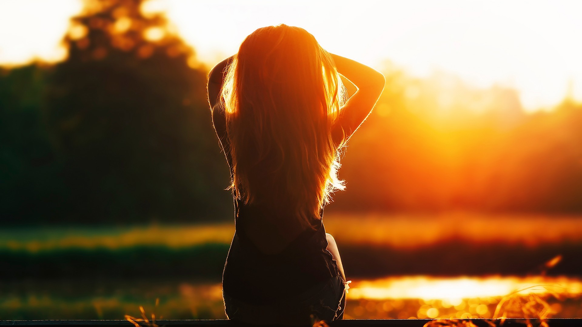 Woman with long hair at sunset HD Wallpaper