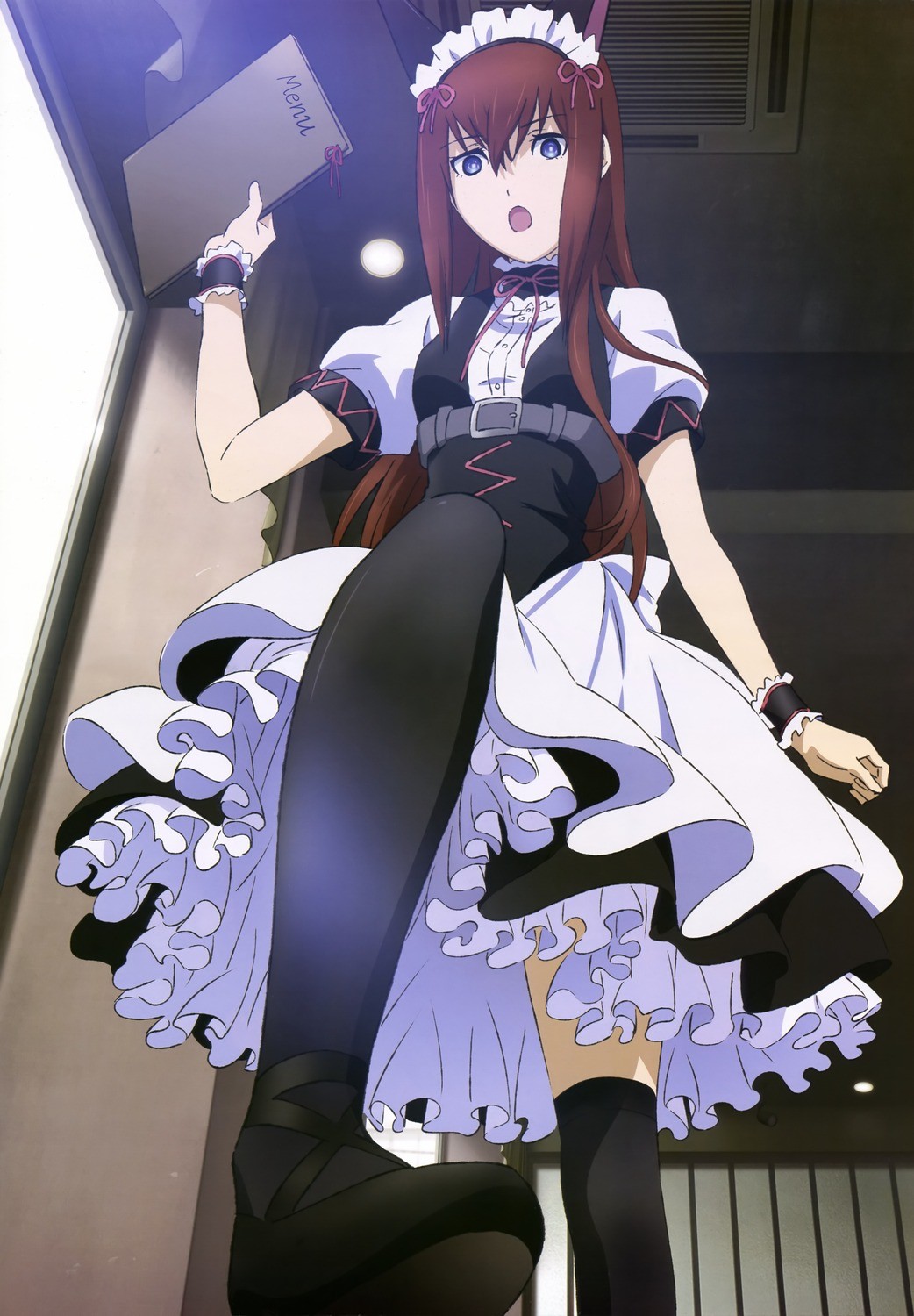 Makise Kurisu in a Maid Outfit Holding a Menu HD Wallpaper
