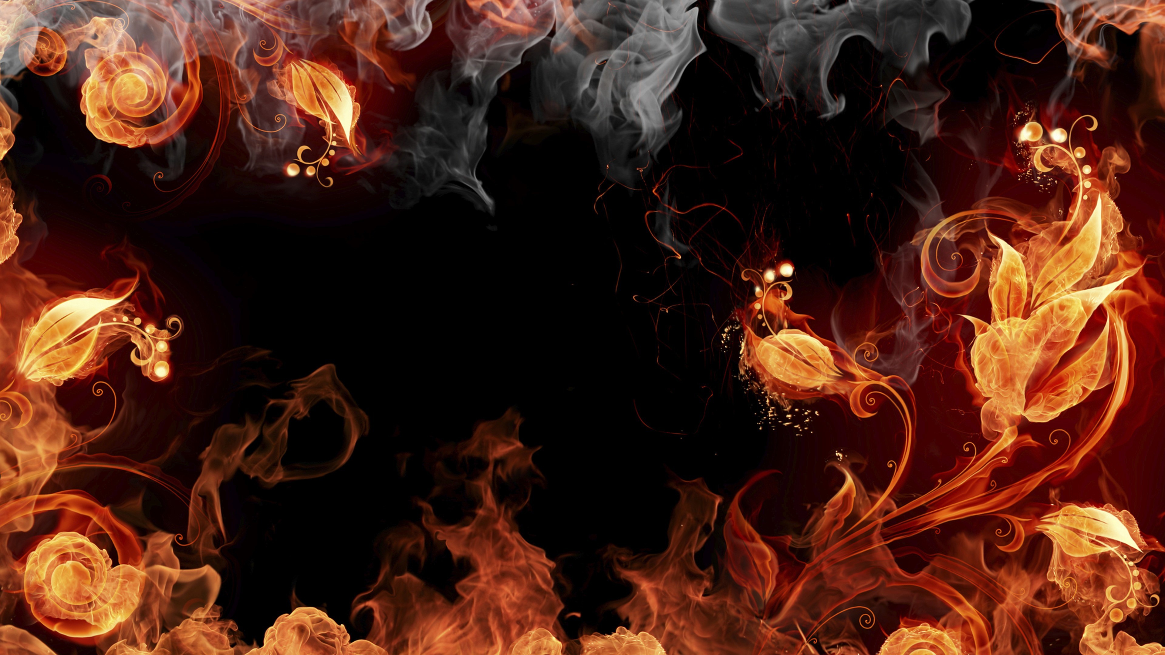 Fiery floral design with smoke and flames HD Wallpaper