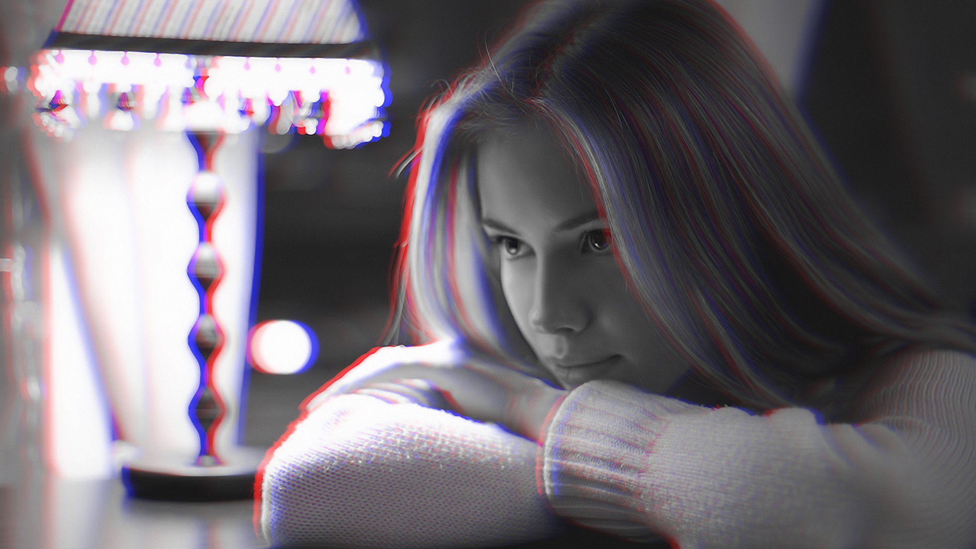 Girl with anaglyph 3D effect HD Wallpaper