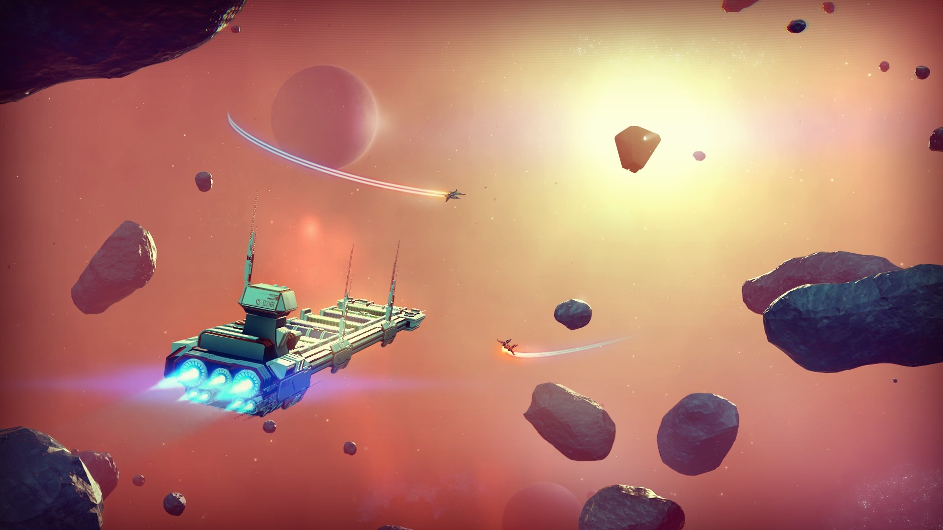 No Man's Sky: Spaceships and Asteroids in Nebula HD Wallpaper