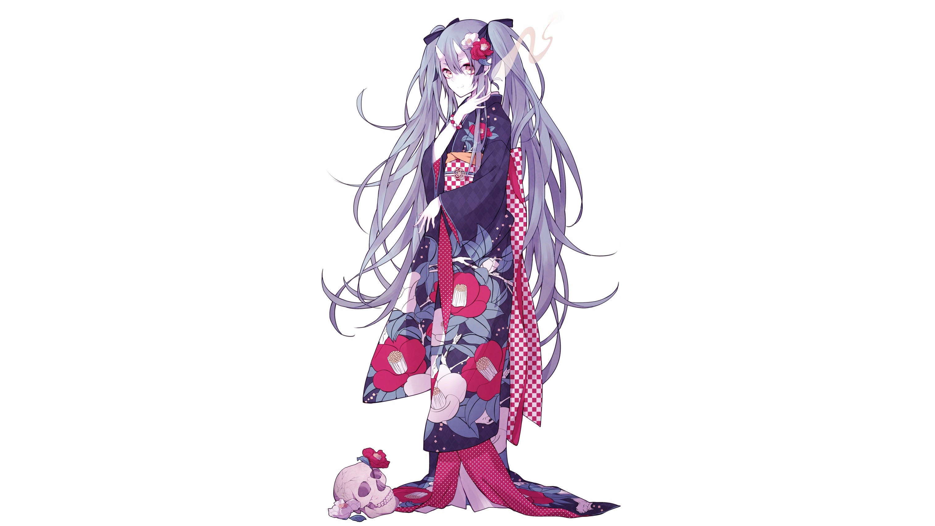 Hatsune Miku in a floral kimono with a skull HD Wallpaper