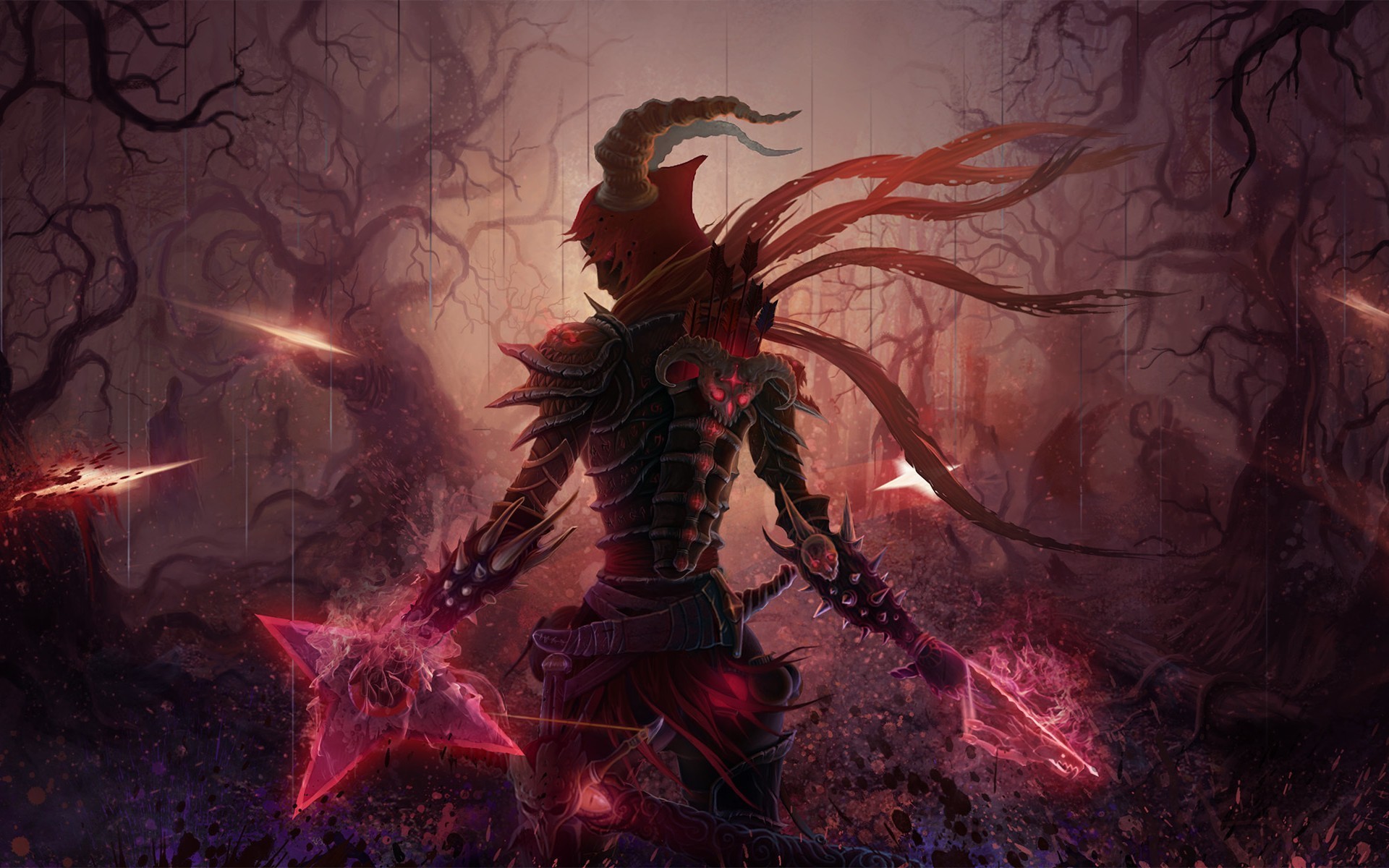 Fantasy art of a demonic warrior in a dark forest HD Wallpaper