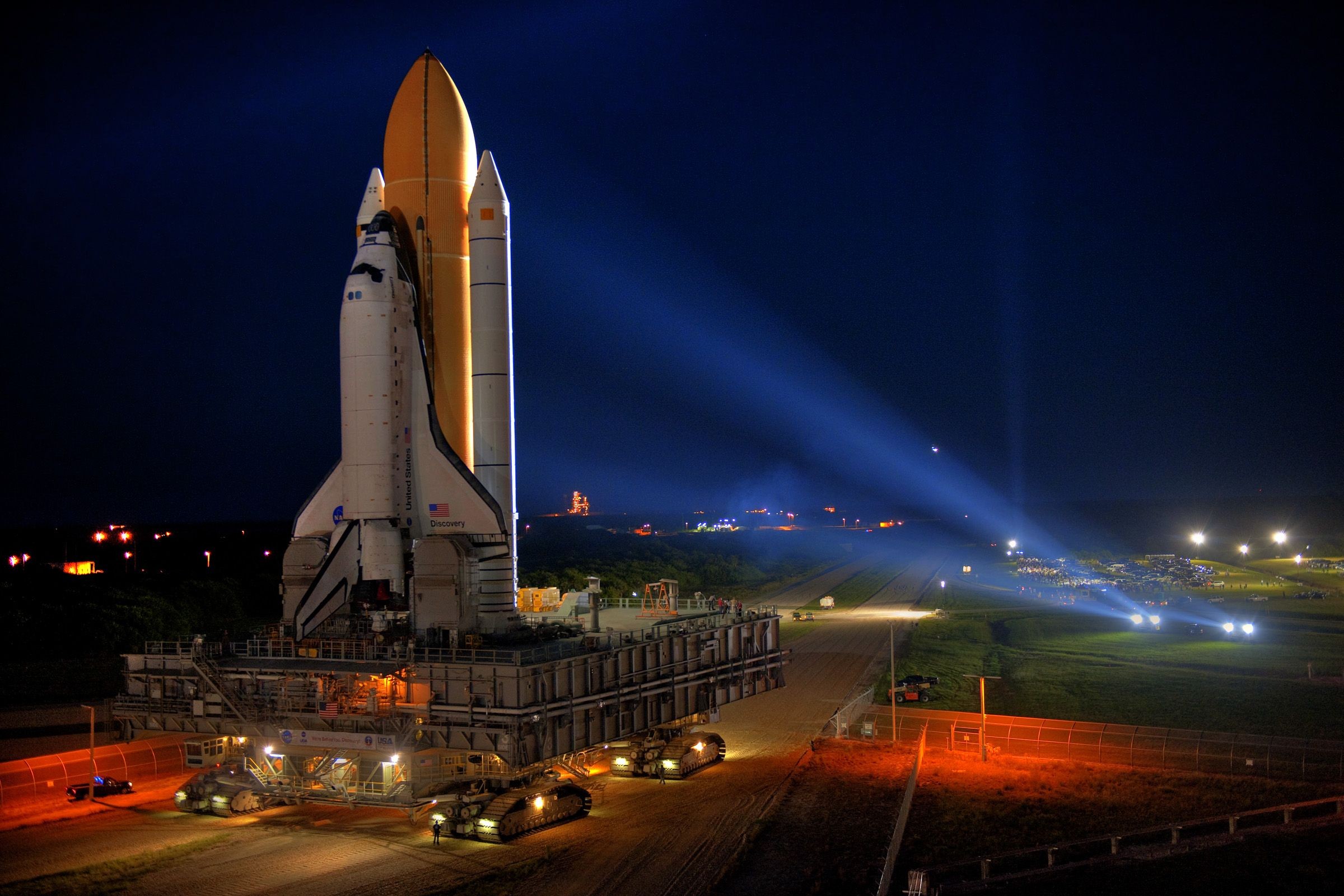 Space Shuttle Discovery on Launch Pad at Night HD Wallpaper