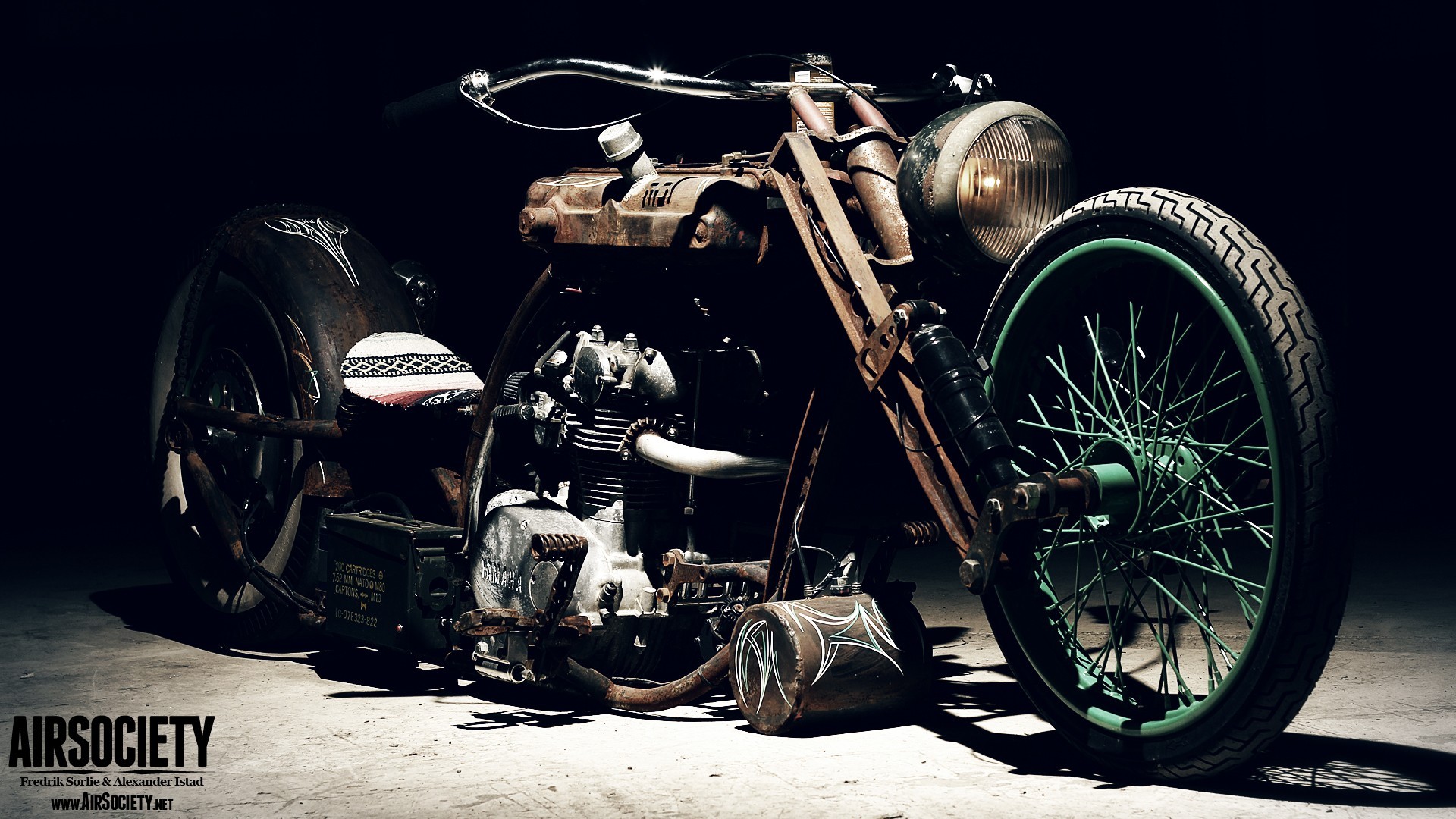 Custom Chopper Motorcycle with Green Wheels HD Wallpaper