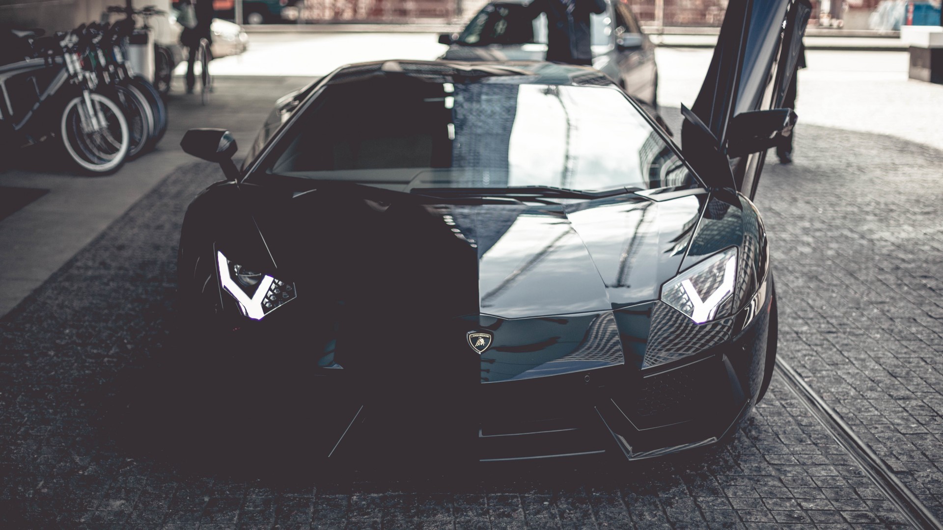 Black Lamborghini Aventador with Scissor Doors HD Wallpaper