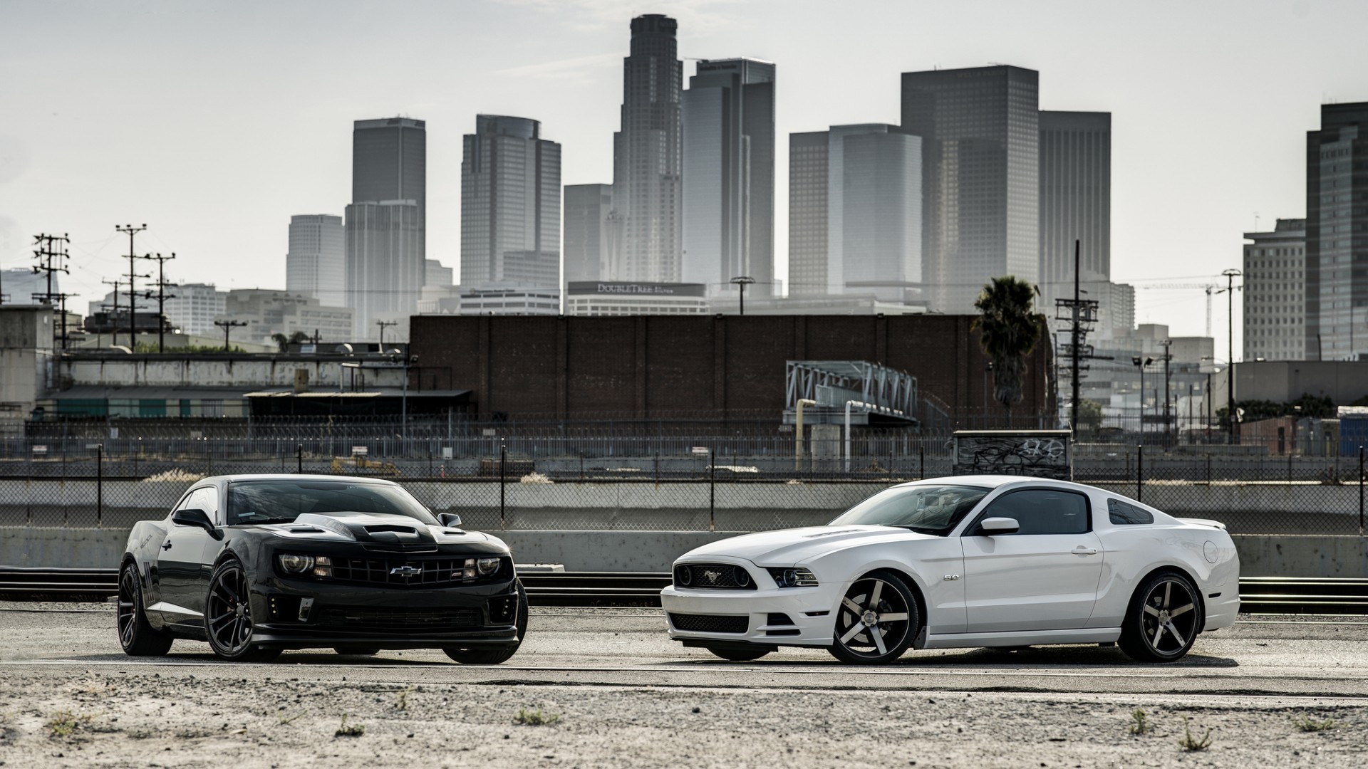 Black Chevrolet Camaro and White Ford Mustang in city HD Wallpaper
