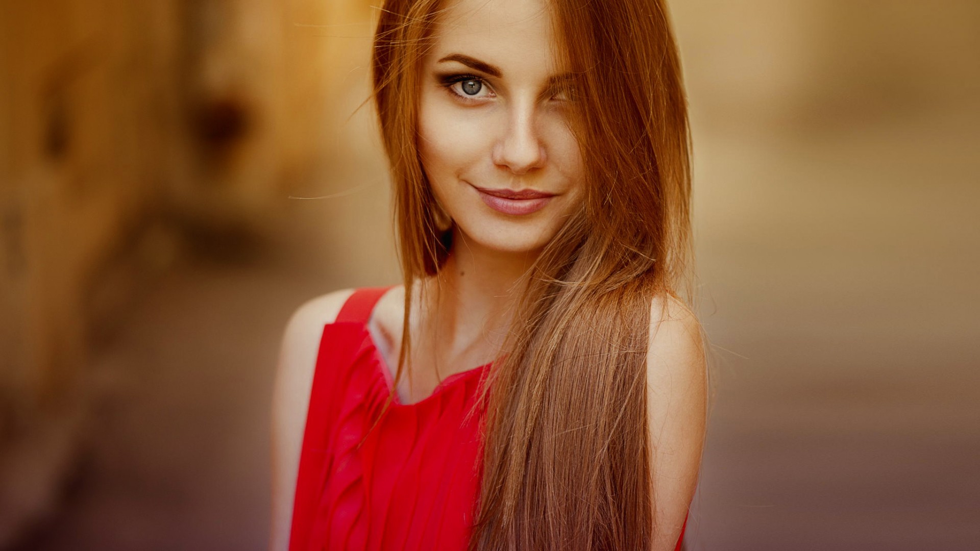 Ann Nevreva in a red dress outdoors HD Wallpaper