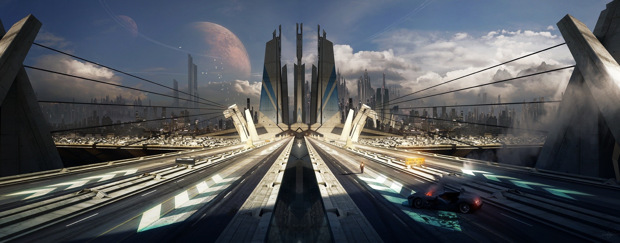 Cyberpunk city with futuristic architecture and flying vehicles HD Wallpaper