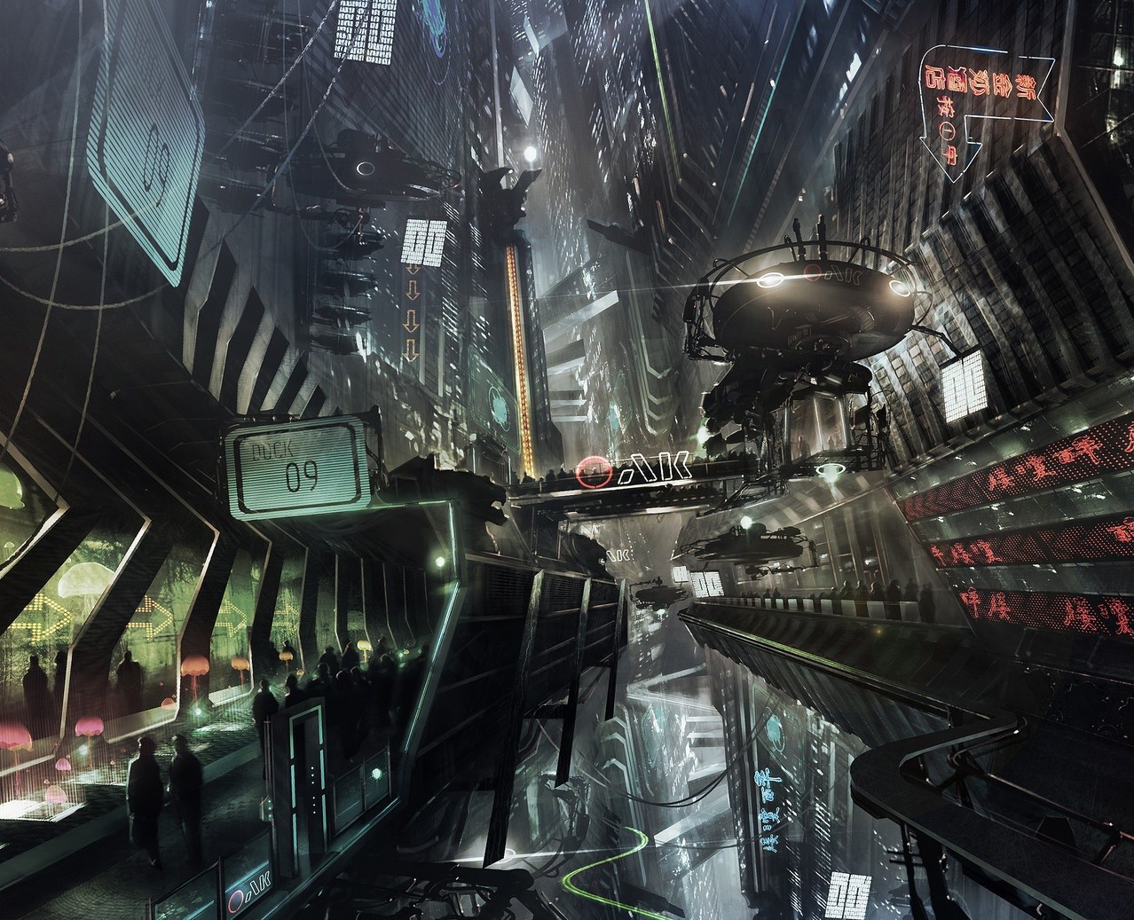Cyberpunk city with flying vehicles and neon signs HD Wallpaper