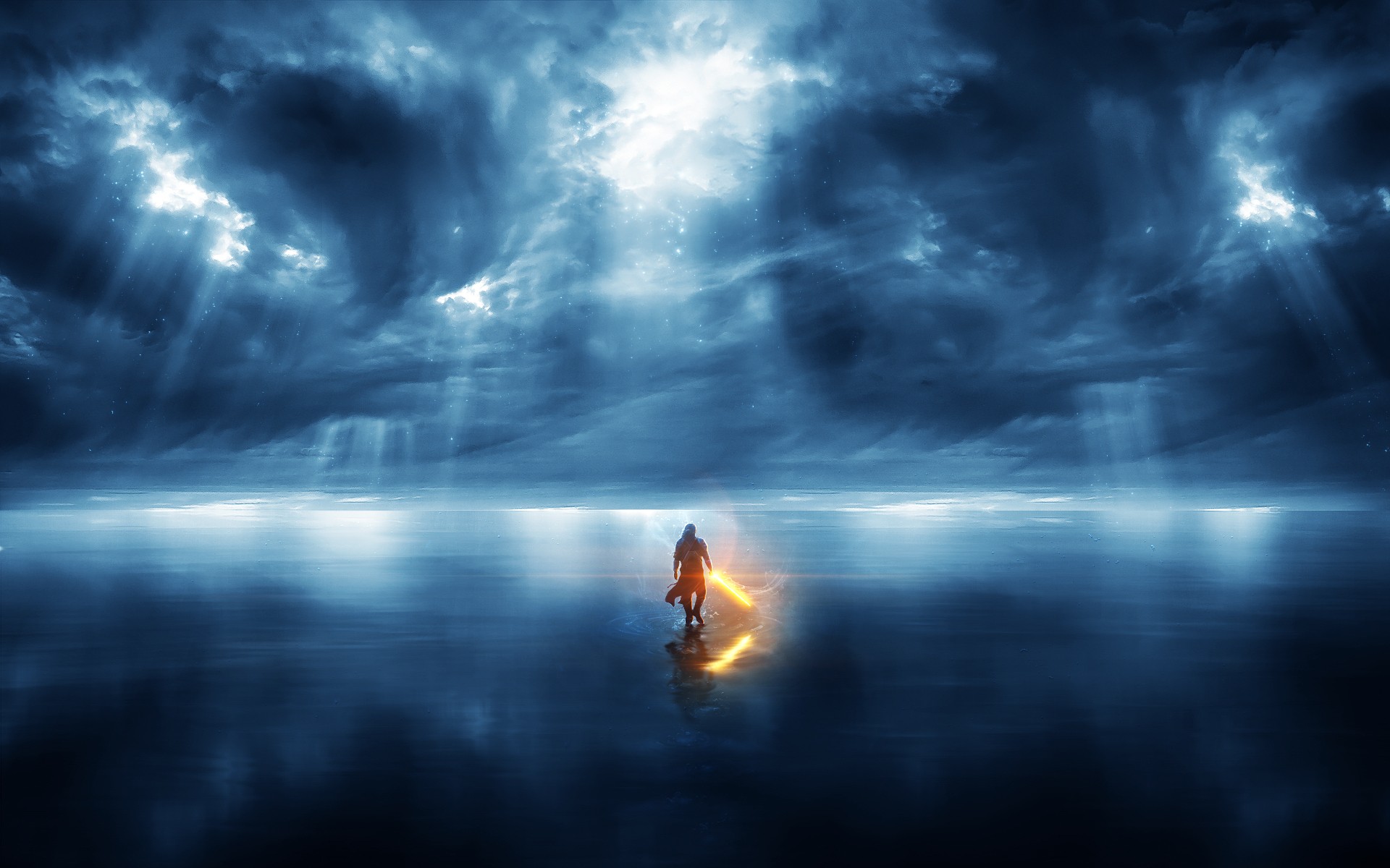Warrior with glowing sword under stormy sky HD Wallpaper