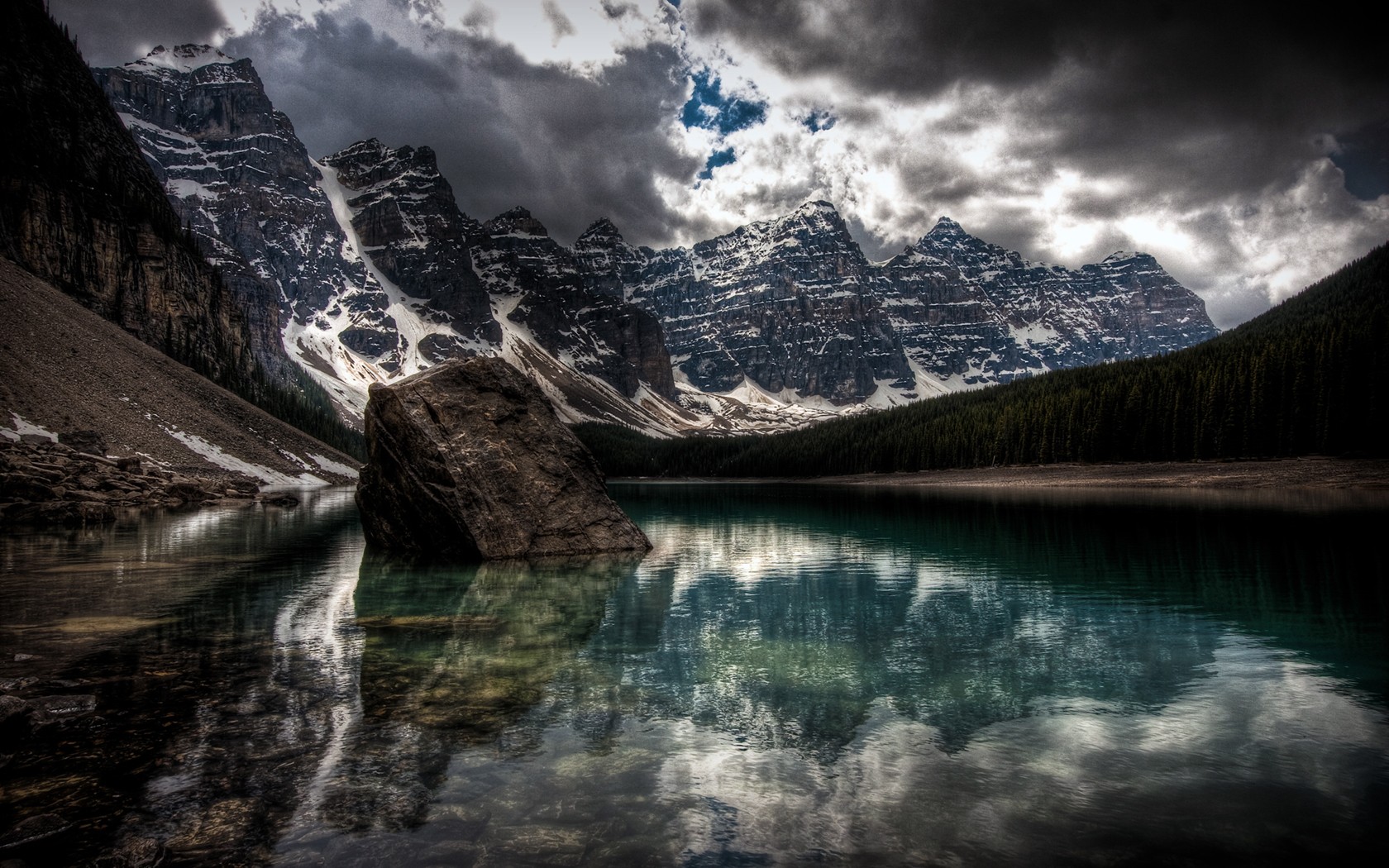 Moraine Lake mountains and clouds HDR landscape HD Wallpaper