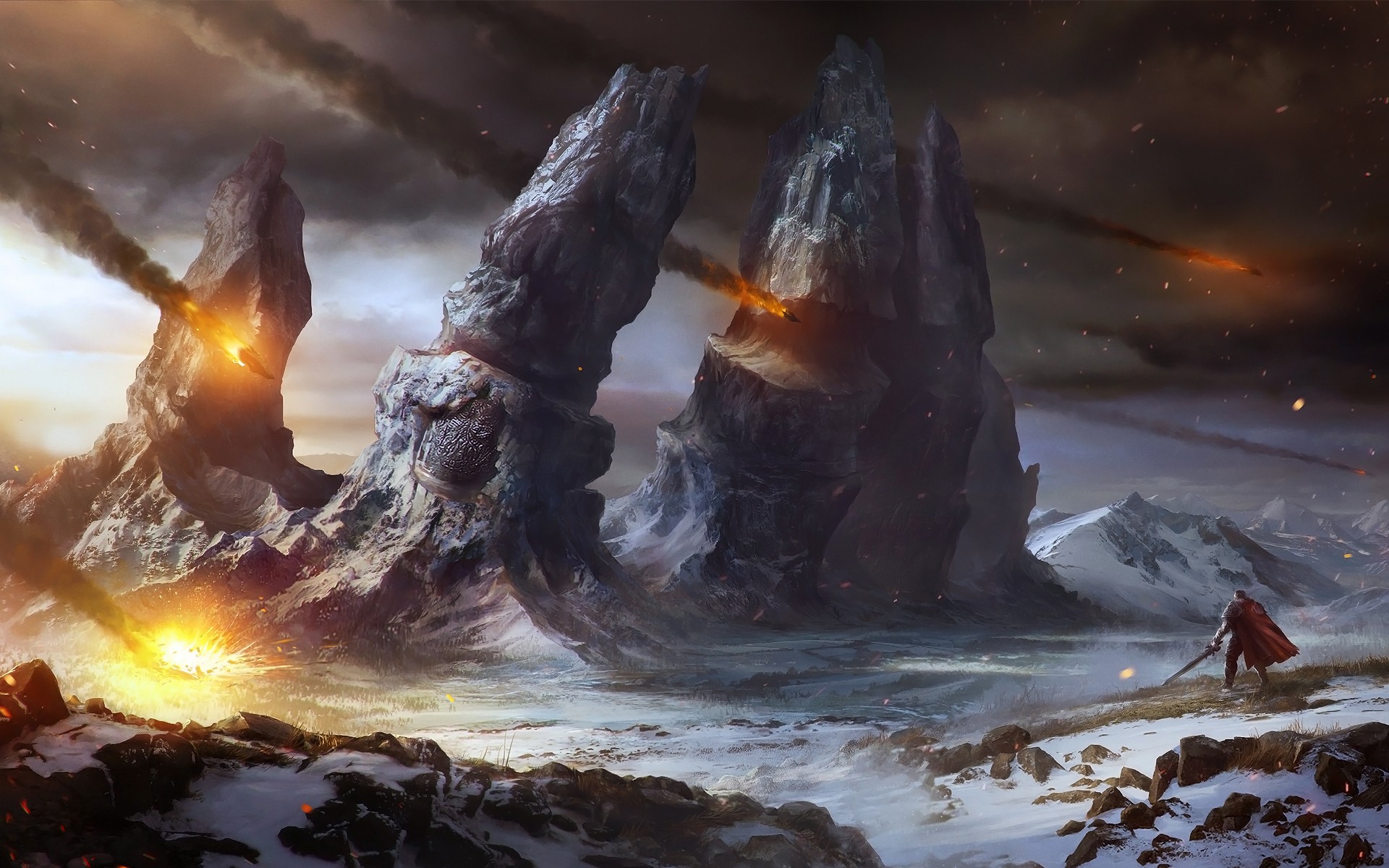 Warrior in a snowy landscape with meteors falling HD Wallpaper