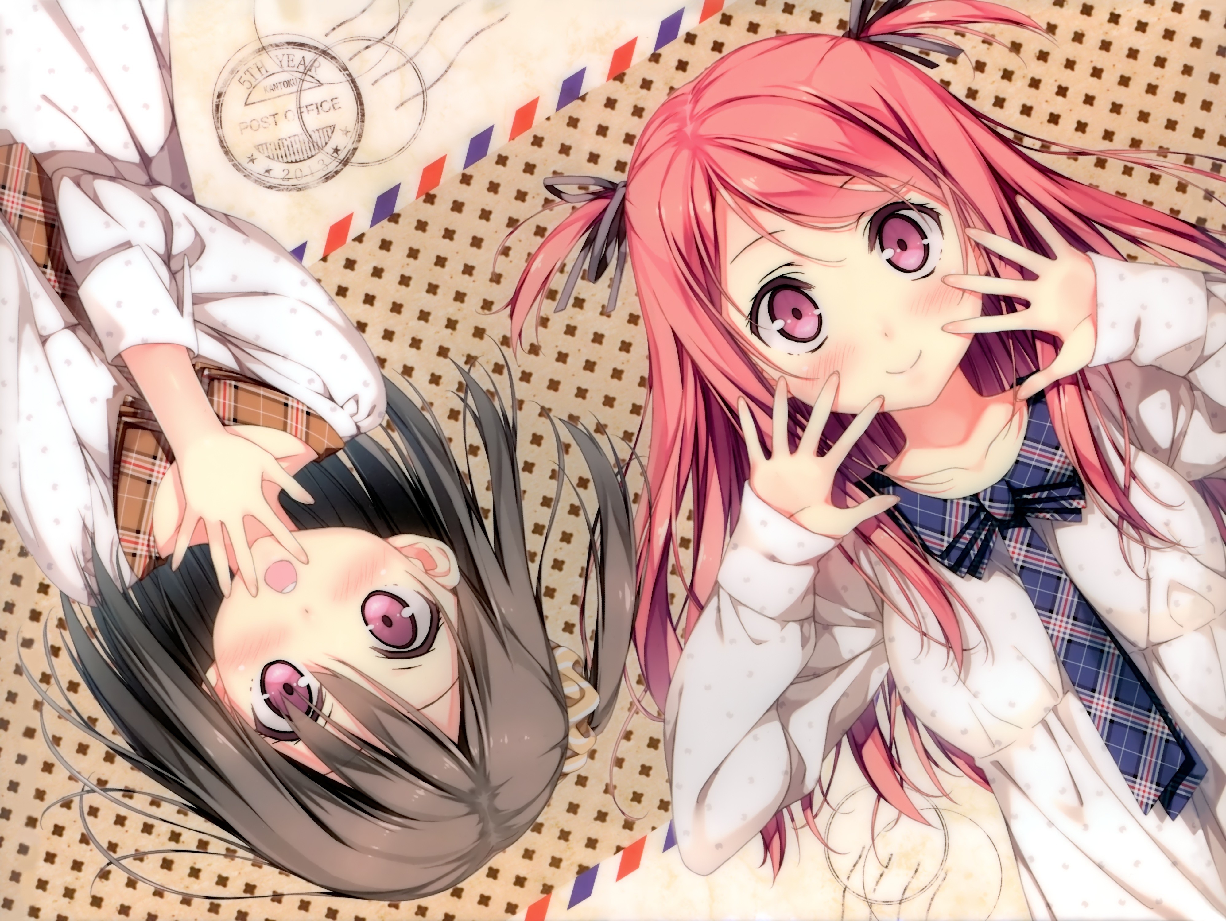 Two anime girls with pink and dark hair HD Wallpaper