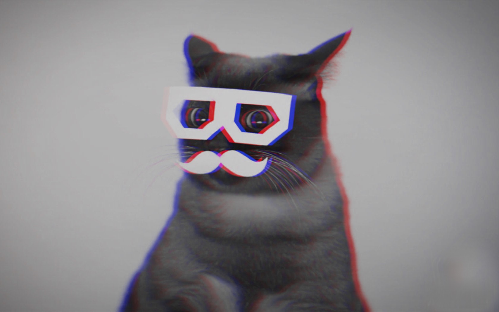 Cat with anaglyph 3D glasses and mustache HD Wallpaper