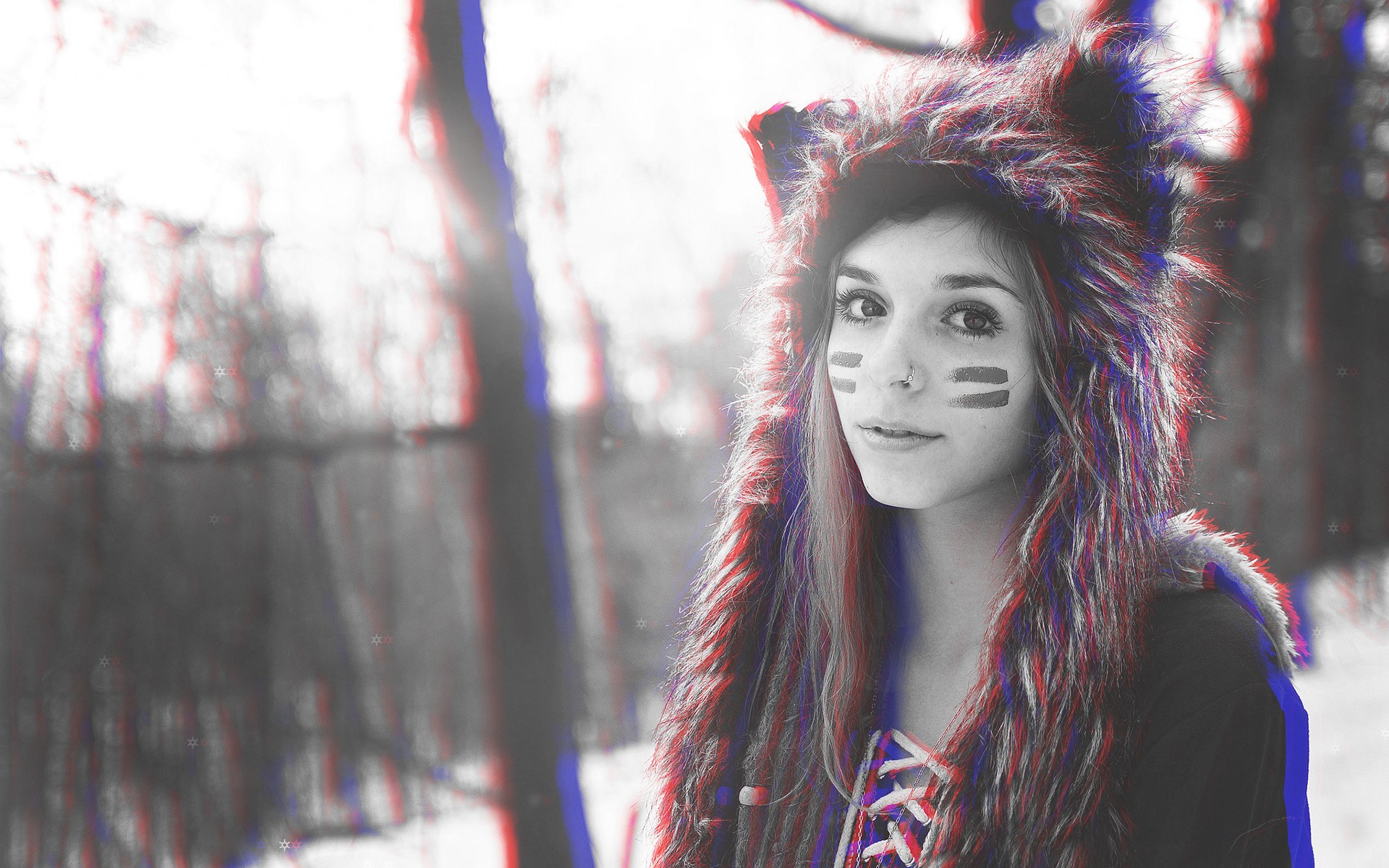 Woman wearing a furry hat with ears and face paint HD Wallpaper