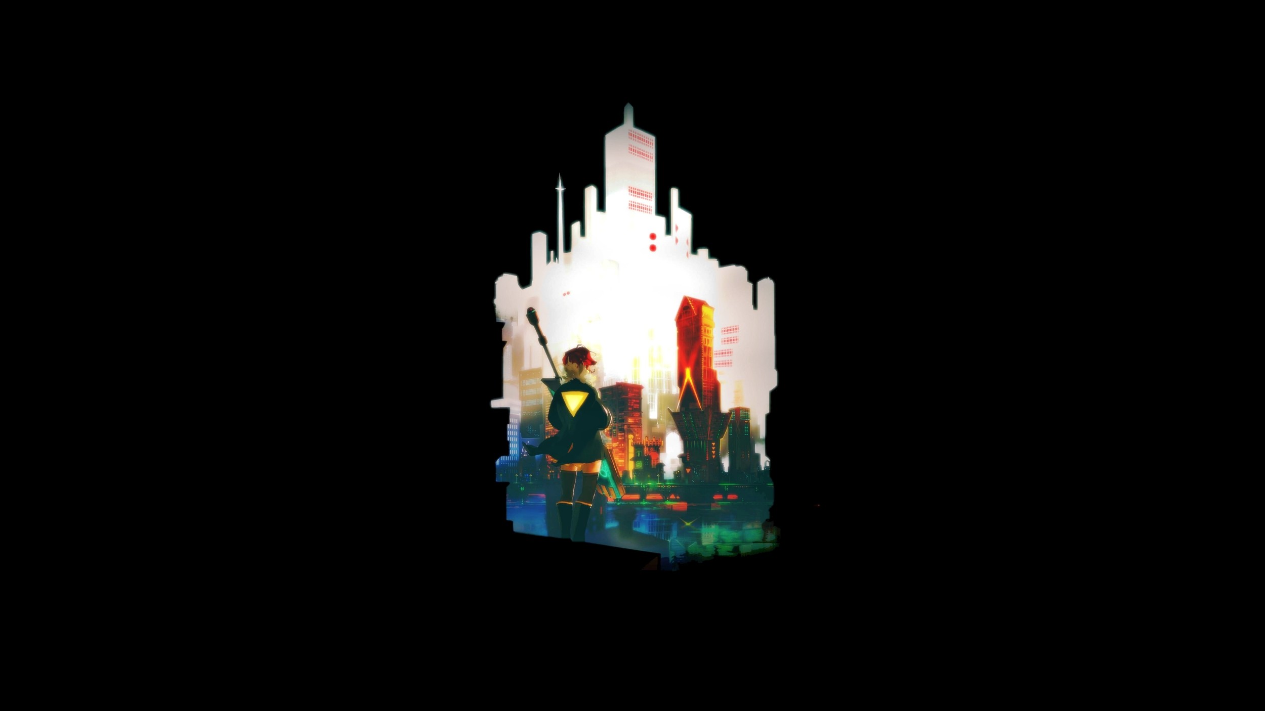 Red from Transistor in a futuristic city HD Wallpaper