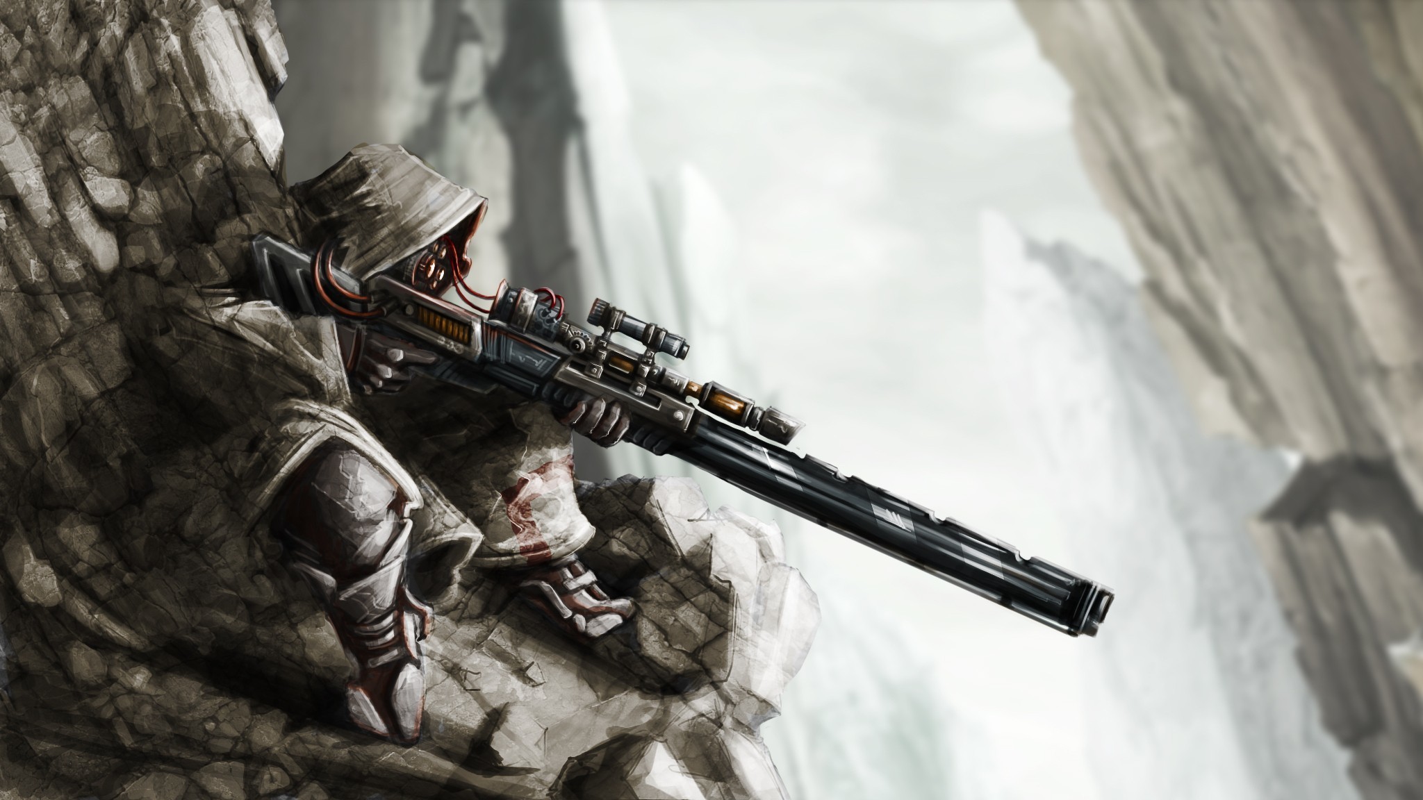 A sniper in a hooded cloak aims a rifle HD Wallpaper