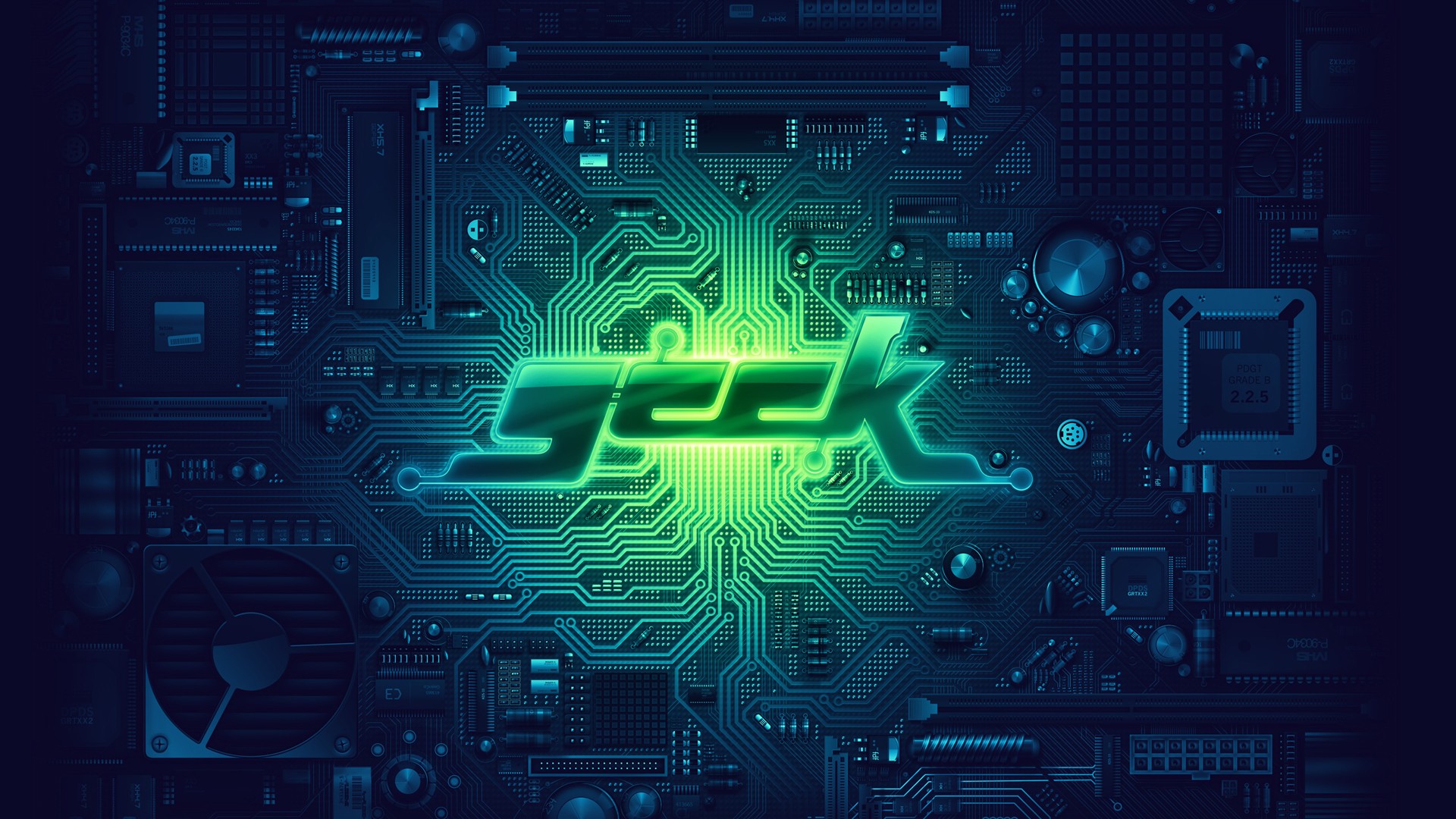 Green 'Geek' text on a computer motherboard HD Wallpaper