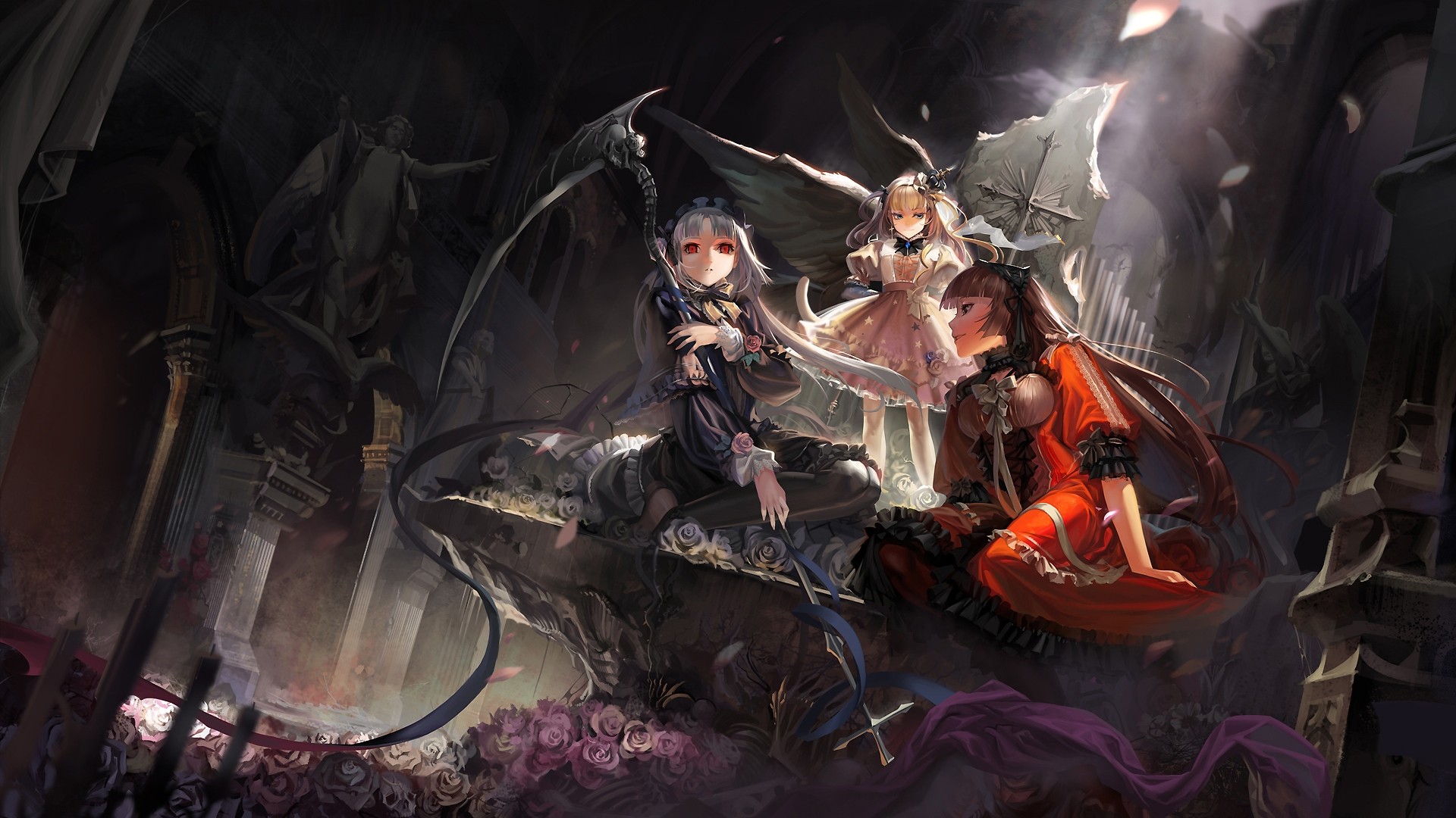 Anime girls in gothic dresses in a dark cathedral HD Wallpaper