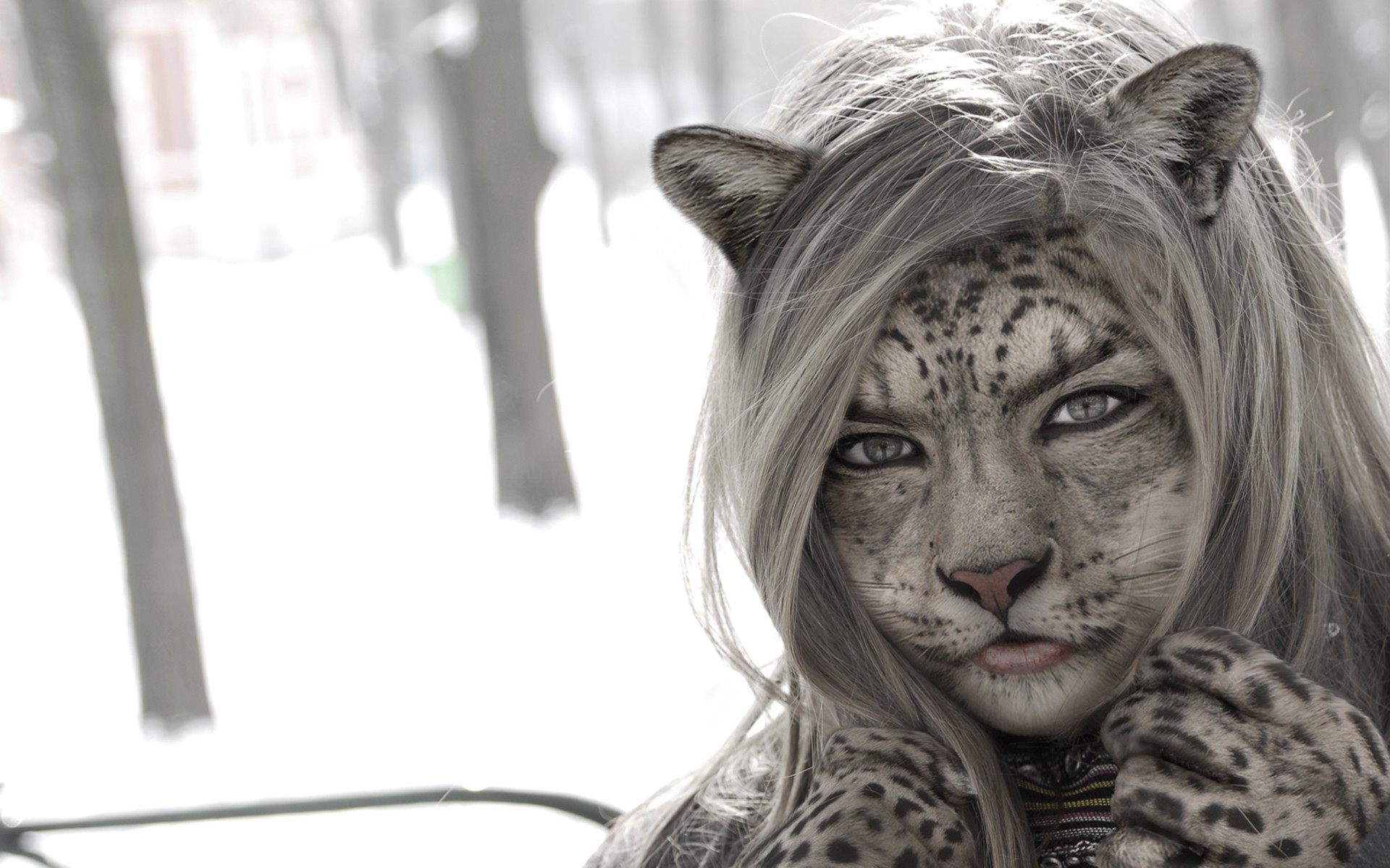 Fantasy girl with leopard face in winter HD Wallpaper