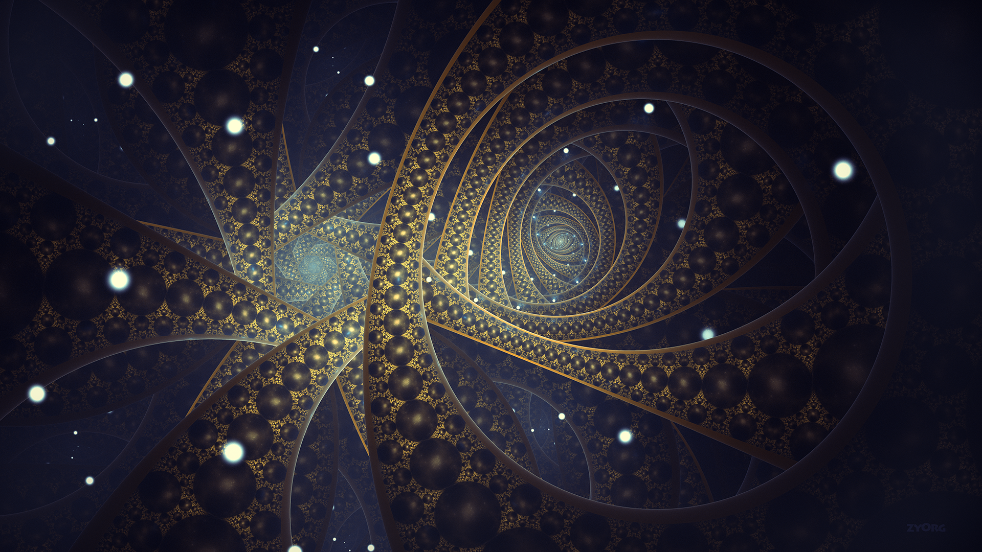 Abstract fractal with golden spirals and dark blue background HD Wallpaper