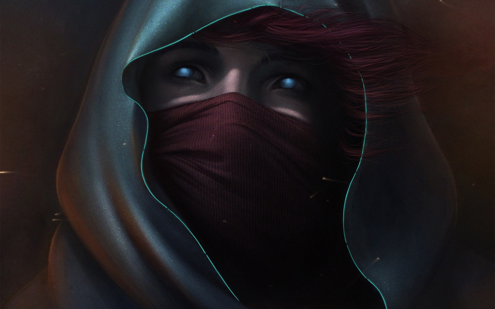 Fantasy girl with blue eyes and red hair in a hood HD Wallpaper