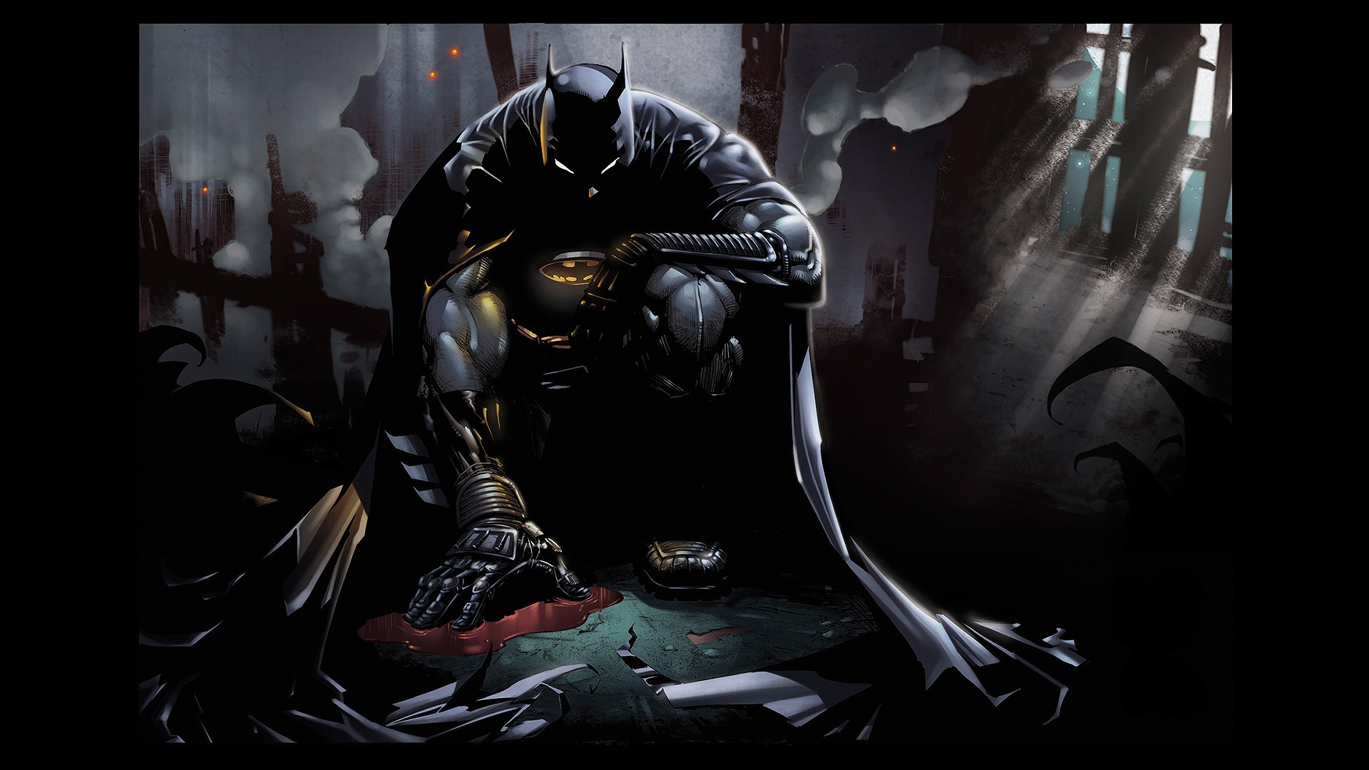 Batman crouches in a dark, ruined city HD Wallpaper