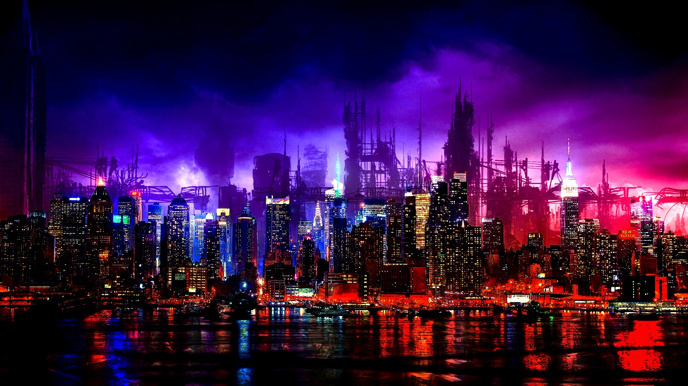 Digital art cityscape with neon lights HD Wallpaper