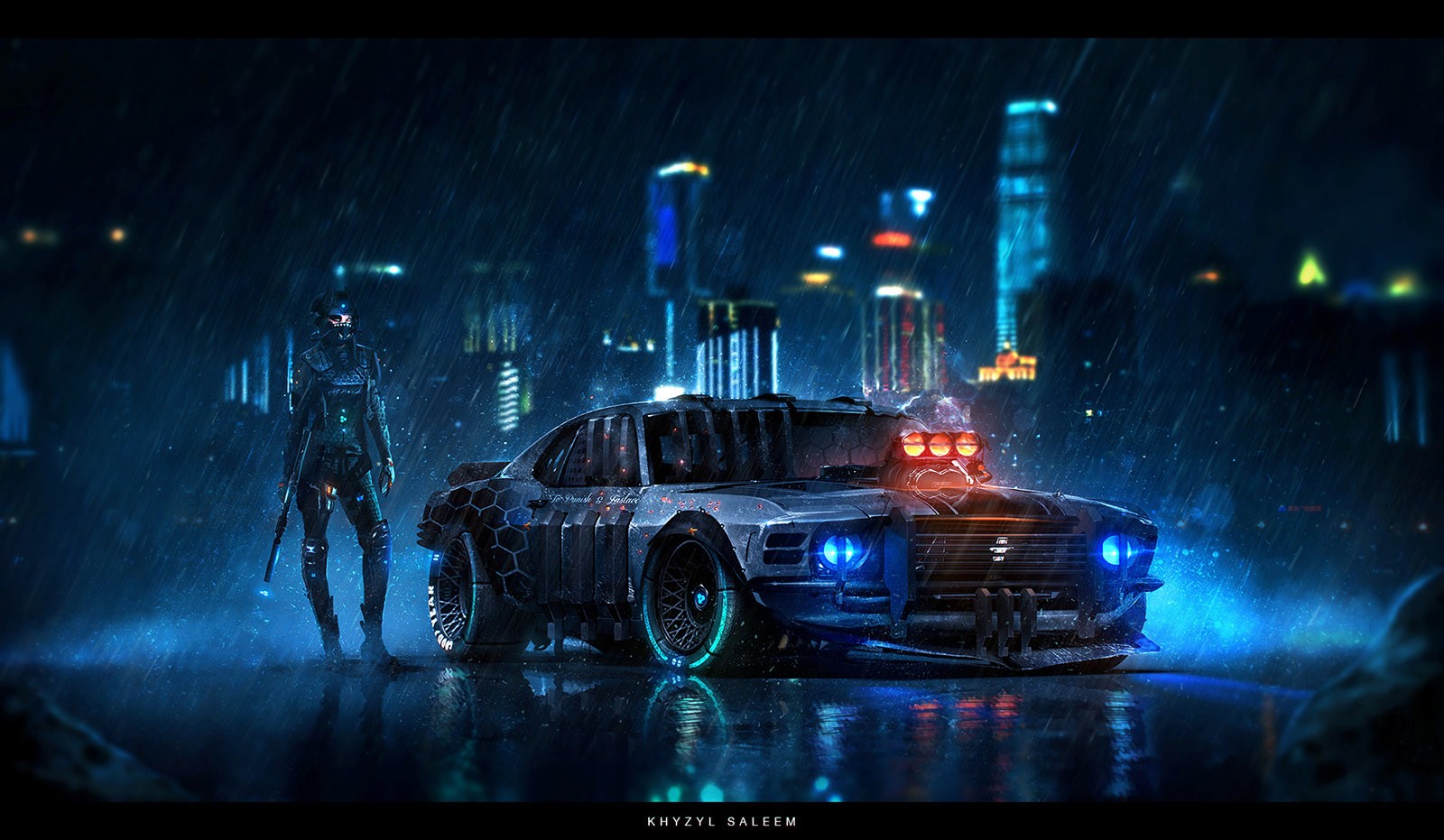 Cyberpunk Ford Mustang with a warrior in the rain HD Wallpaper