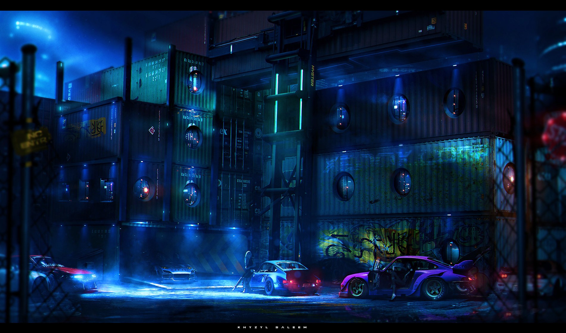 Futuristic Porsche cars parked in a neon-lit container city HD Wallpaper