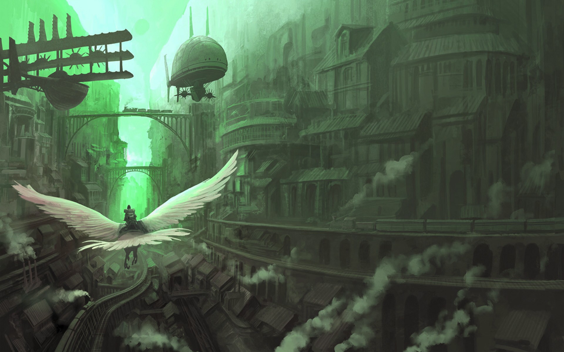 Fantasy city with flying creature and airships HD Wallpaper