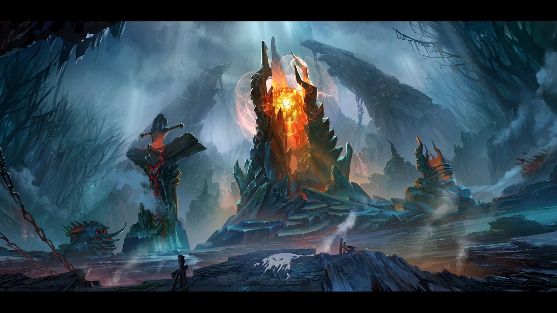 Dota 2 Hellish Landscape with Fiery Structures HD Wallpaper