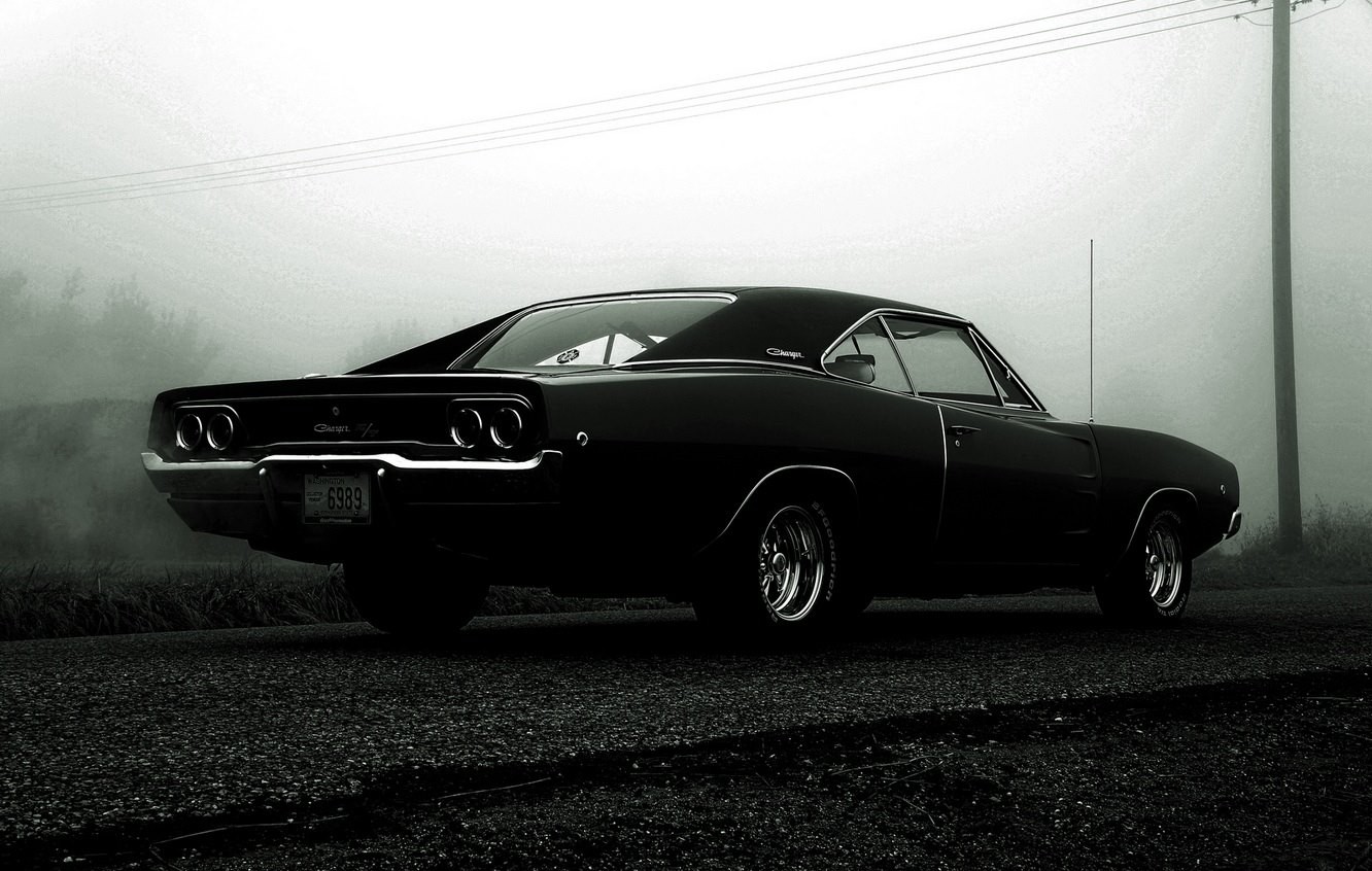 Black 1968 Dodge Charger on a foggy road HD Wallpaper
