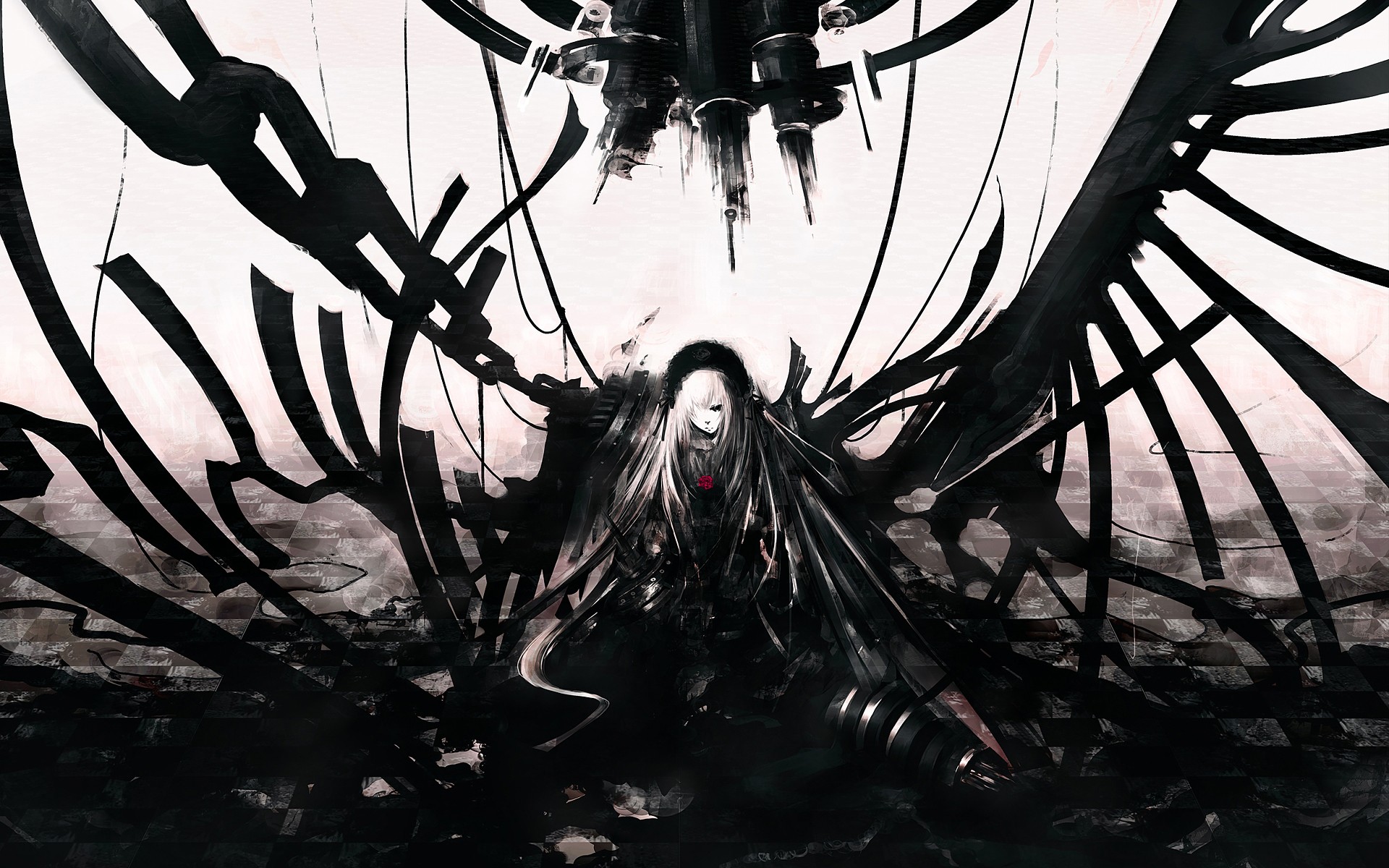 Anime girl with black wings and mechanical parts HD Wallpaper