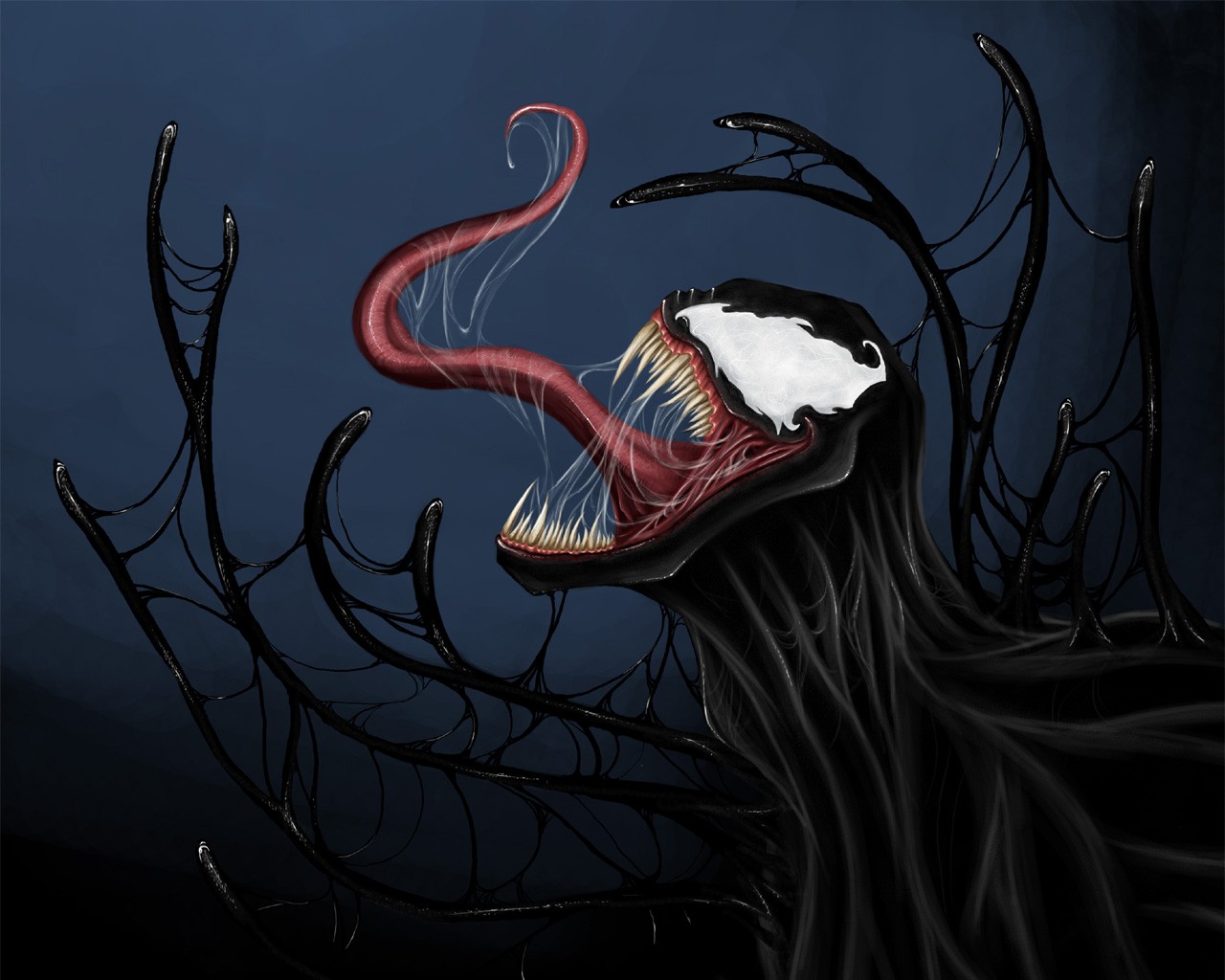 Venom with sharp teeth and long tongue HD Wallpaper
