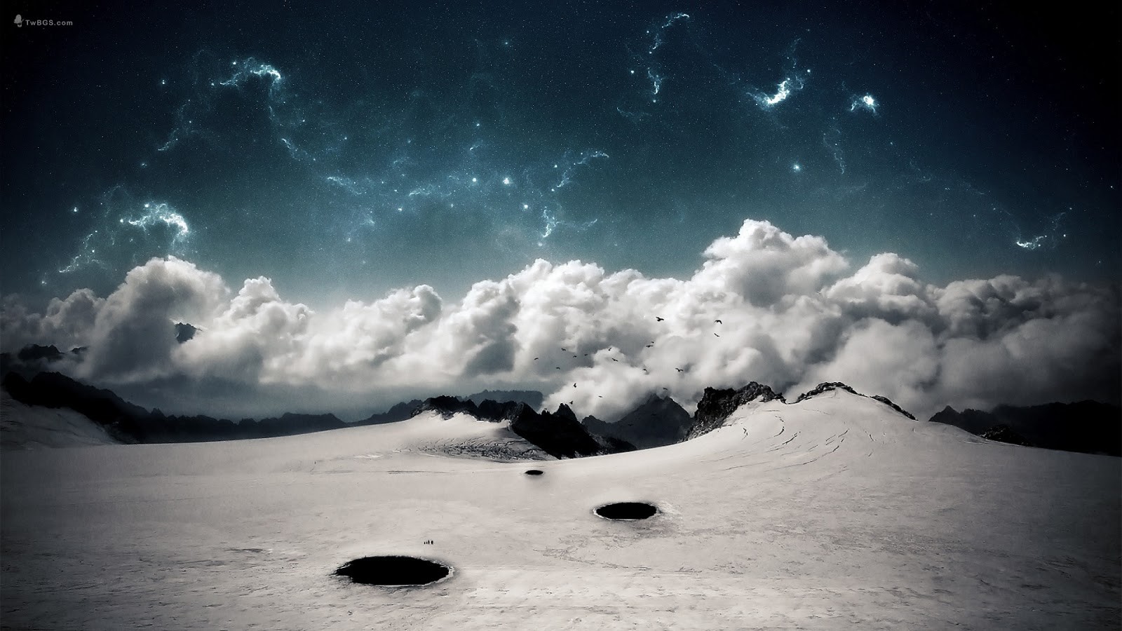 Digital art of a snowy mountain landscape under a starry sky HD Wallpaper