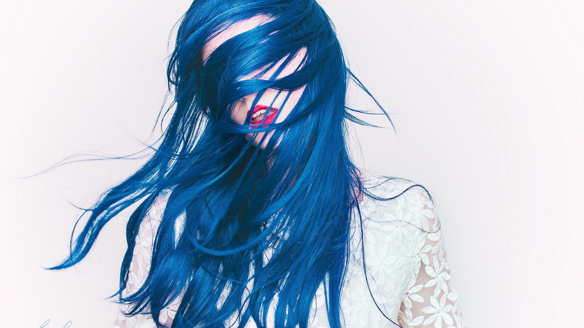 Woman with long blue dyed hair and red lipstick HD Wallpaper