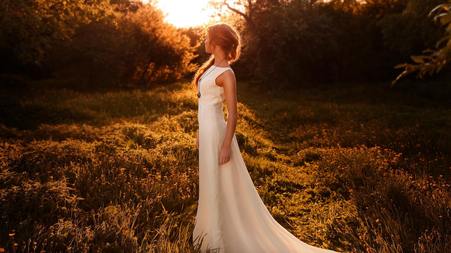 Woman in a white dress in a sunlit field HD Wallpaper