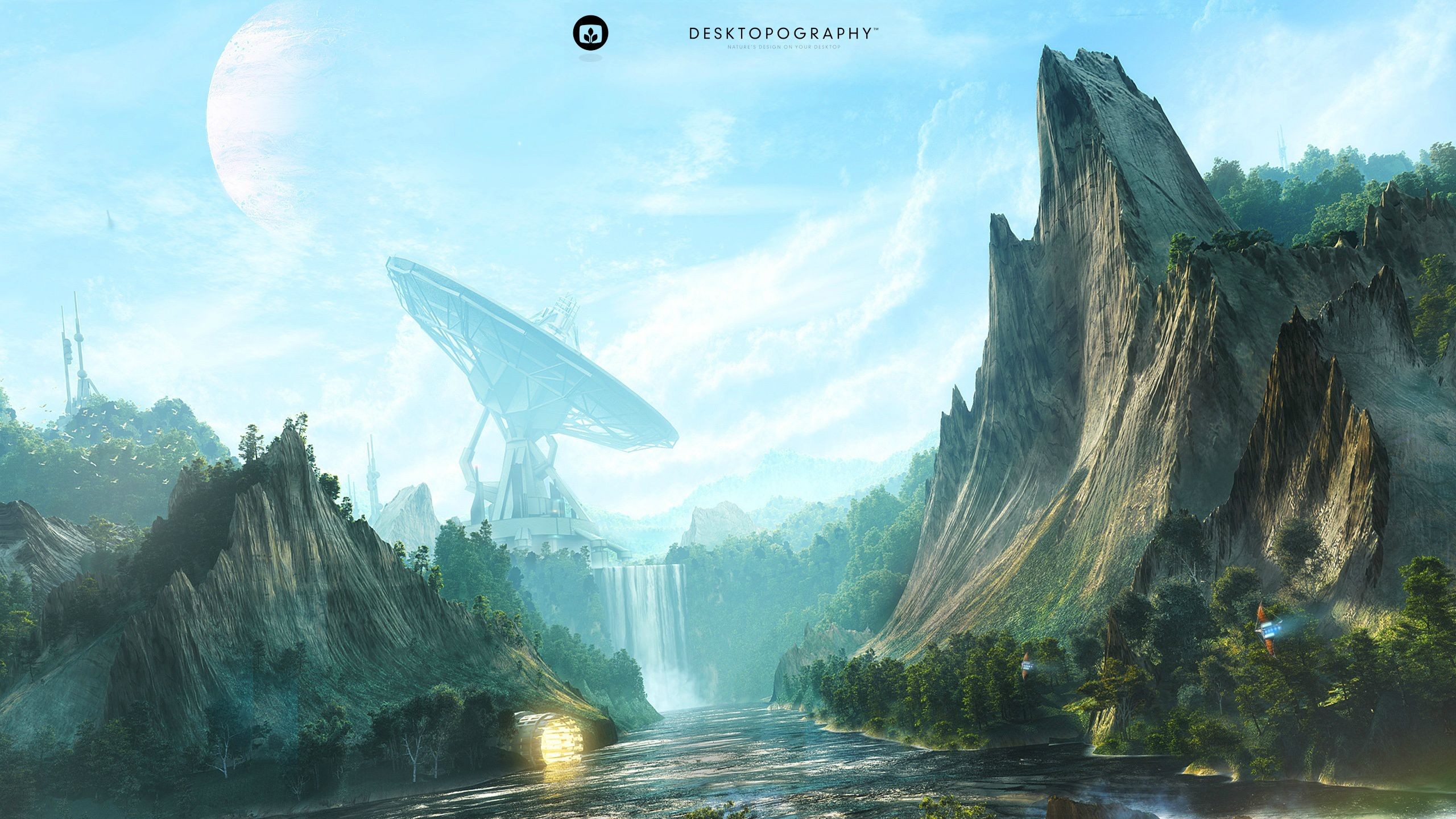 Futuristic landscape with satellite dish and mountains HD Wallpaper