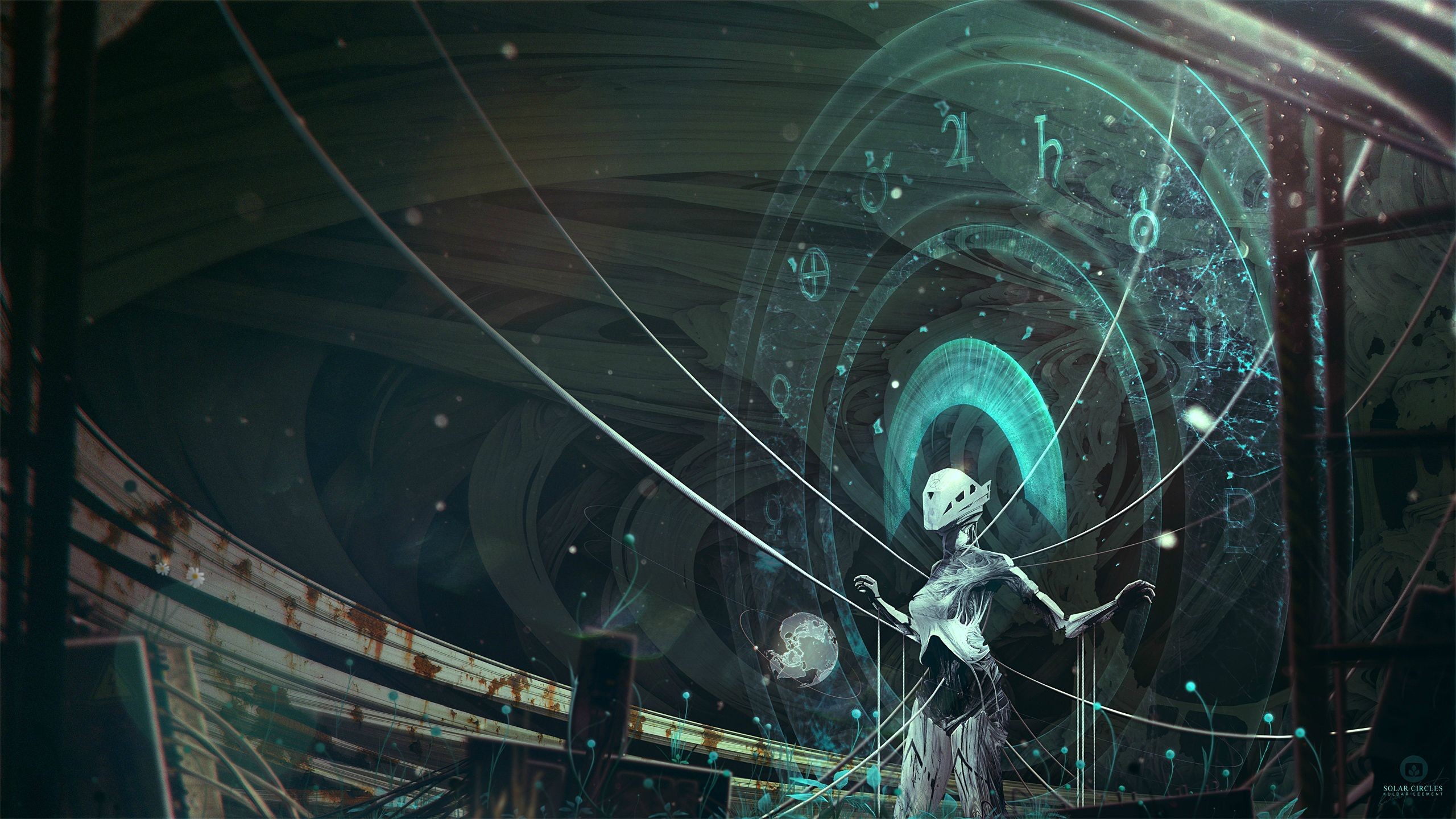 Futuristic robot with glowing celestial orbs and machinery HD Wallpaper