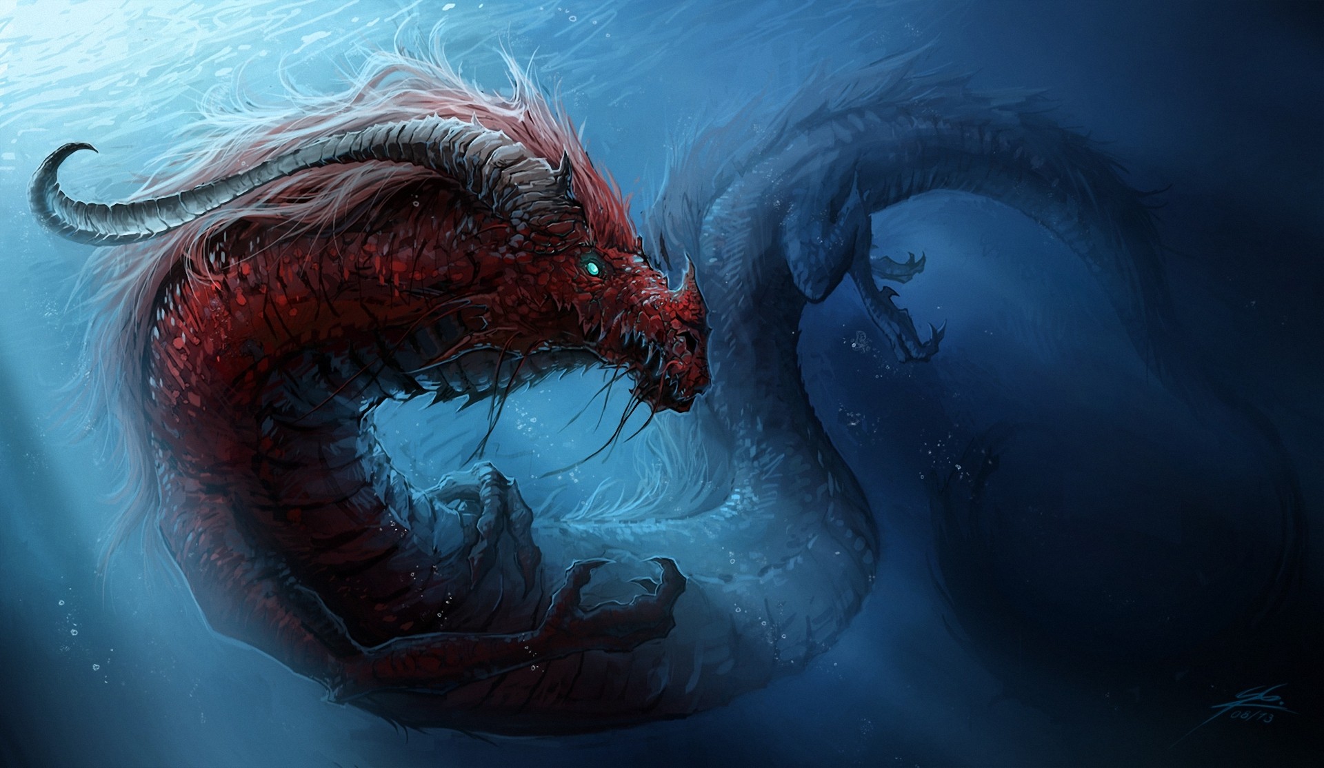 Red and blue dragons underwater HD Wallpaper