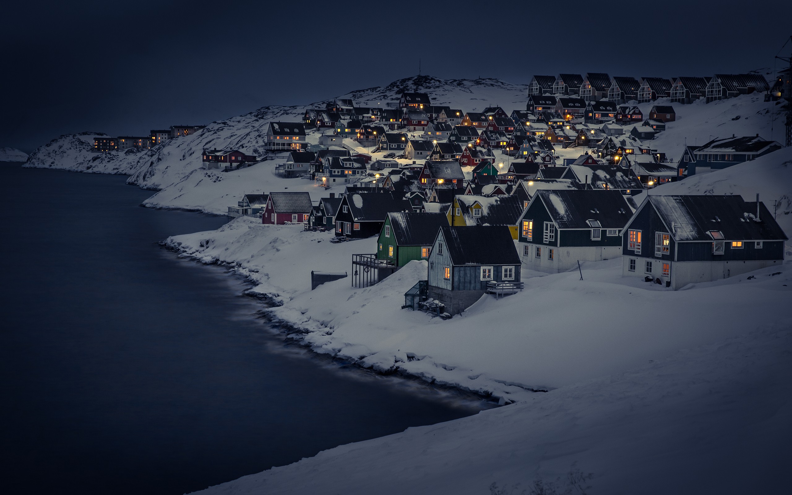 Houses in Nuuk, Greenland at night in winter HD Wallpaper