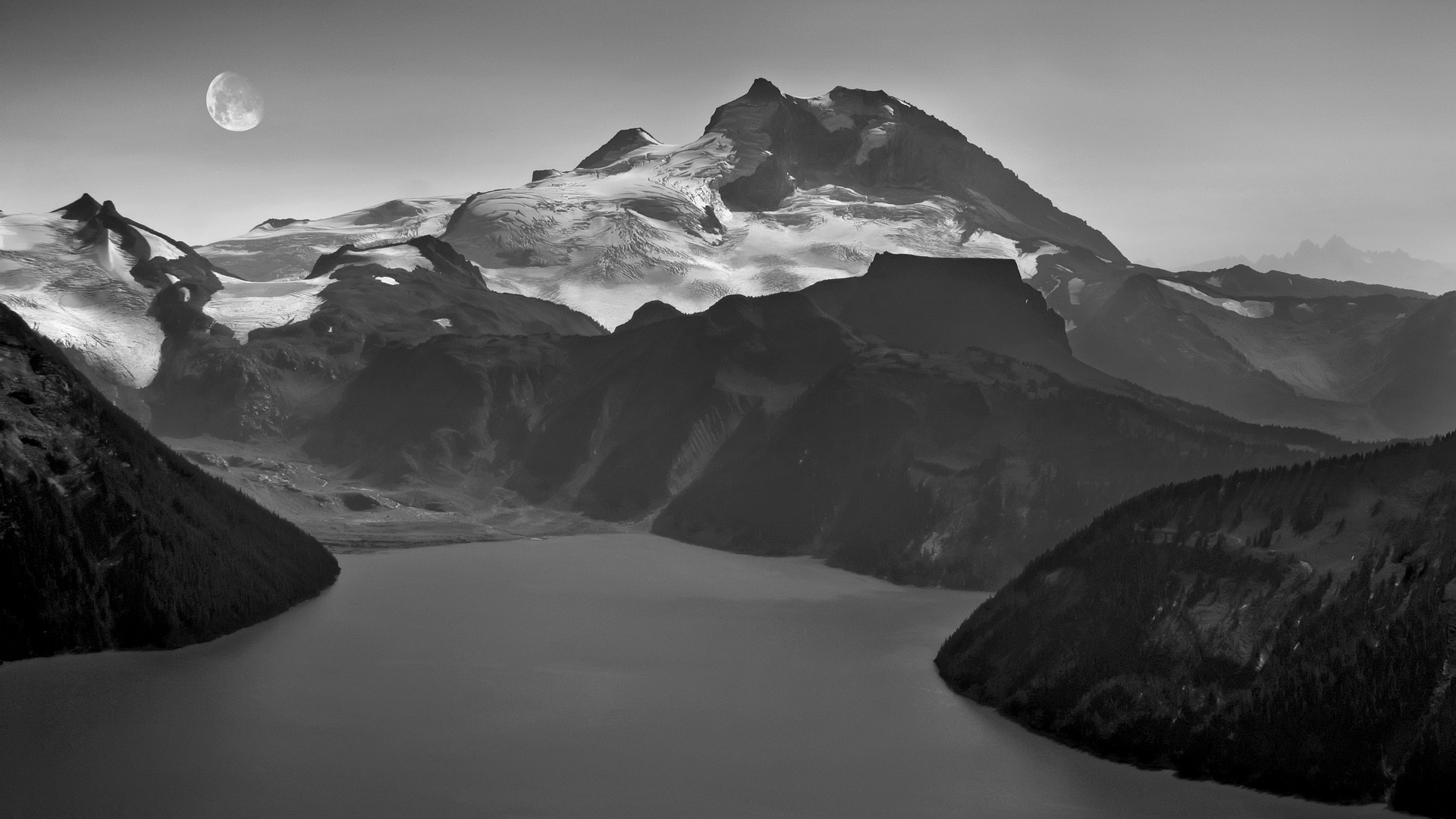 Moon over a snow-capped mountain range and lake HD Wallpaper