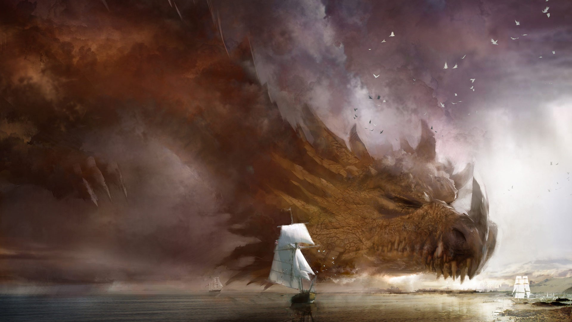 A colossal dragon looms over a sea with ships HD Wallpaper