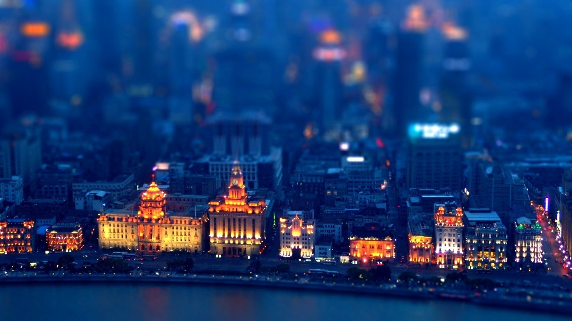 Shanghai cityscape with tilt-shift effect at night HD Wallpaper
