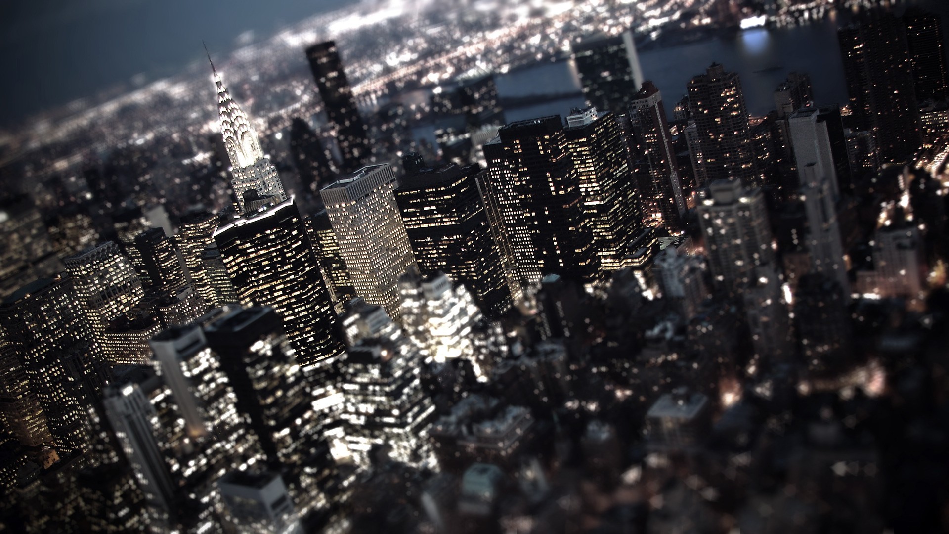 New York City skyline at night with tilt shift effect HD Wallpaper