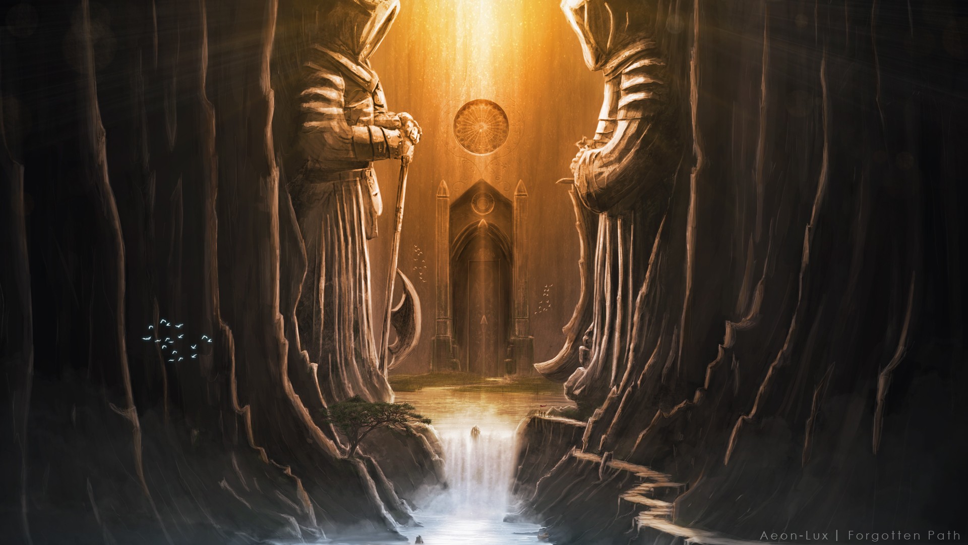 Two stone guardians flank a glowing temple entrance HD Wallpaper