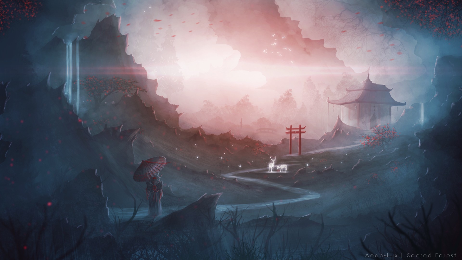 Fantasy artwork of a sacred forest with a temple HD Wallpaper