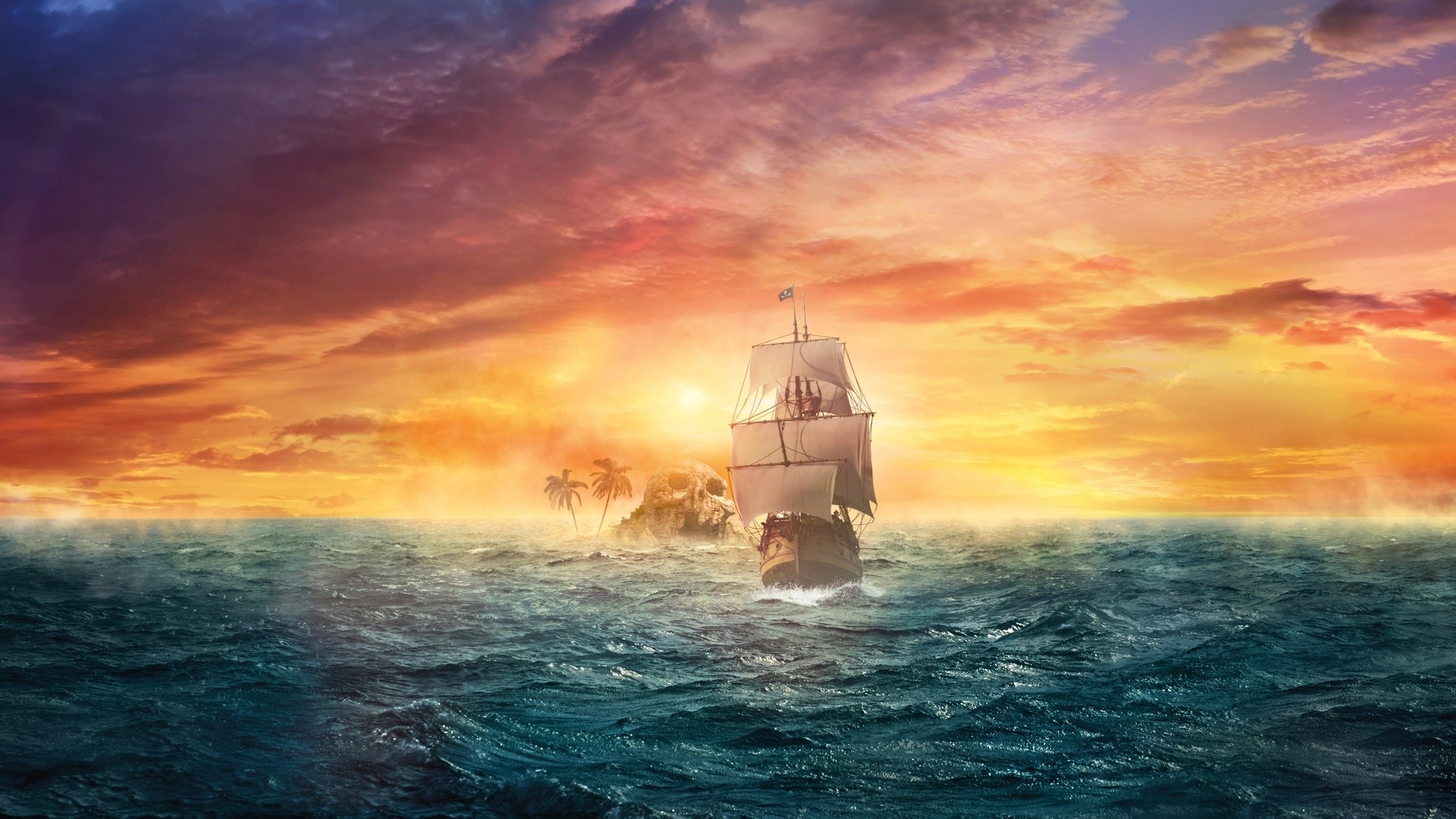 Pirate ship sailing towards a skull island at sunset HD Wallpaper